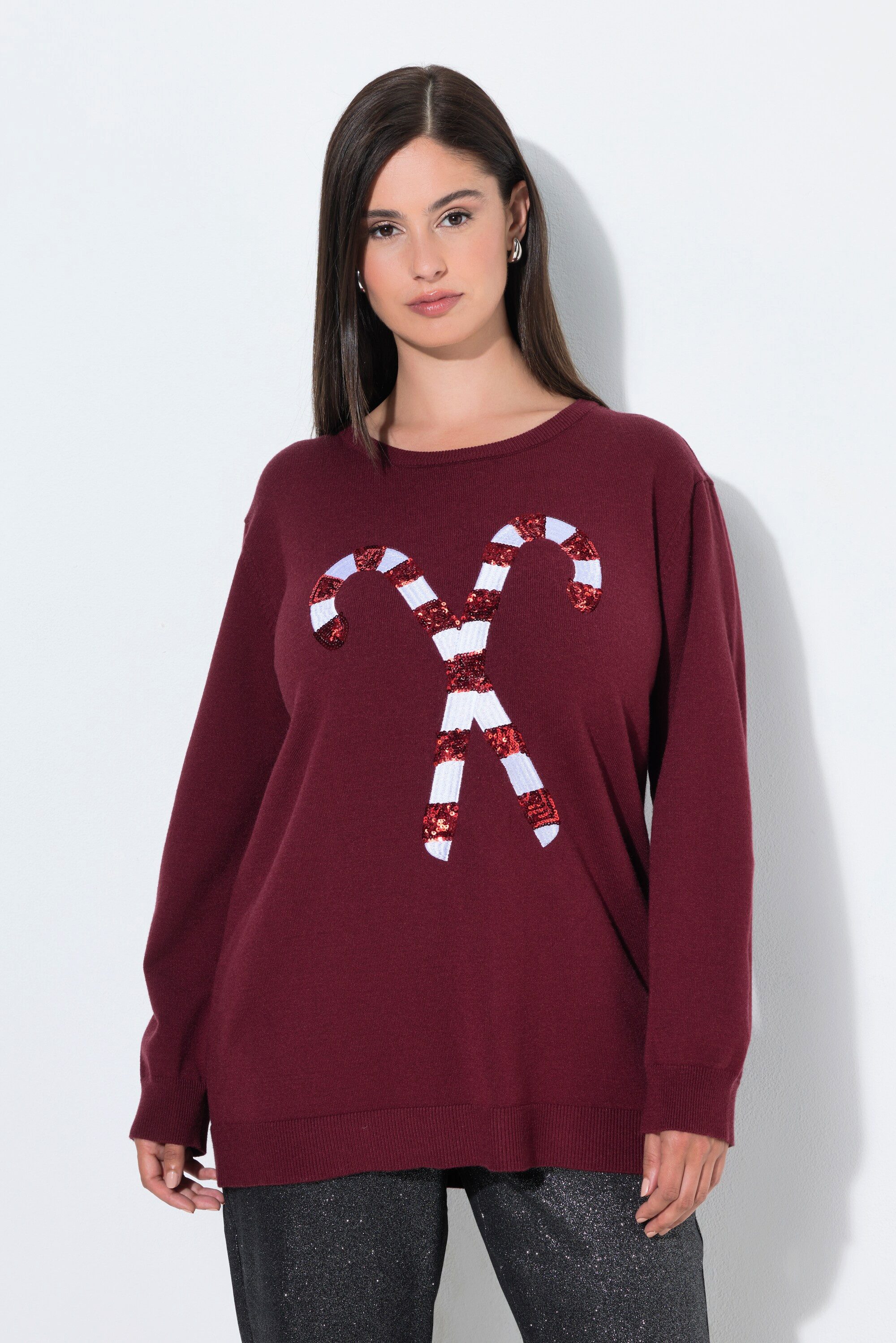 Ulla Popken Strickpullover Weihnachts-Pullover Zuckerstangen Rundhals Langam