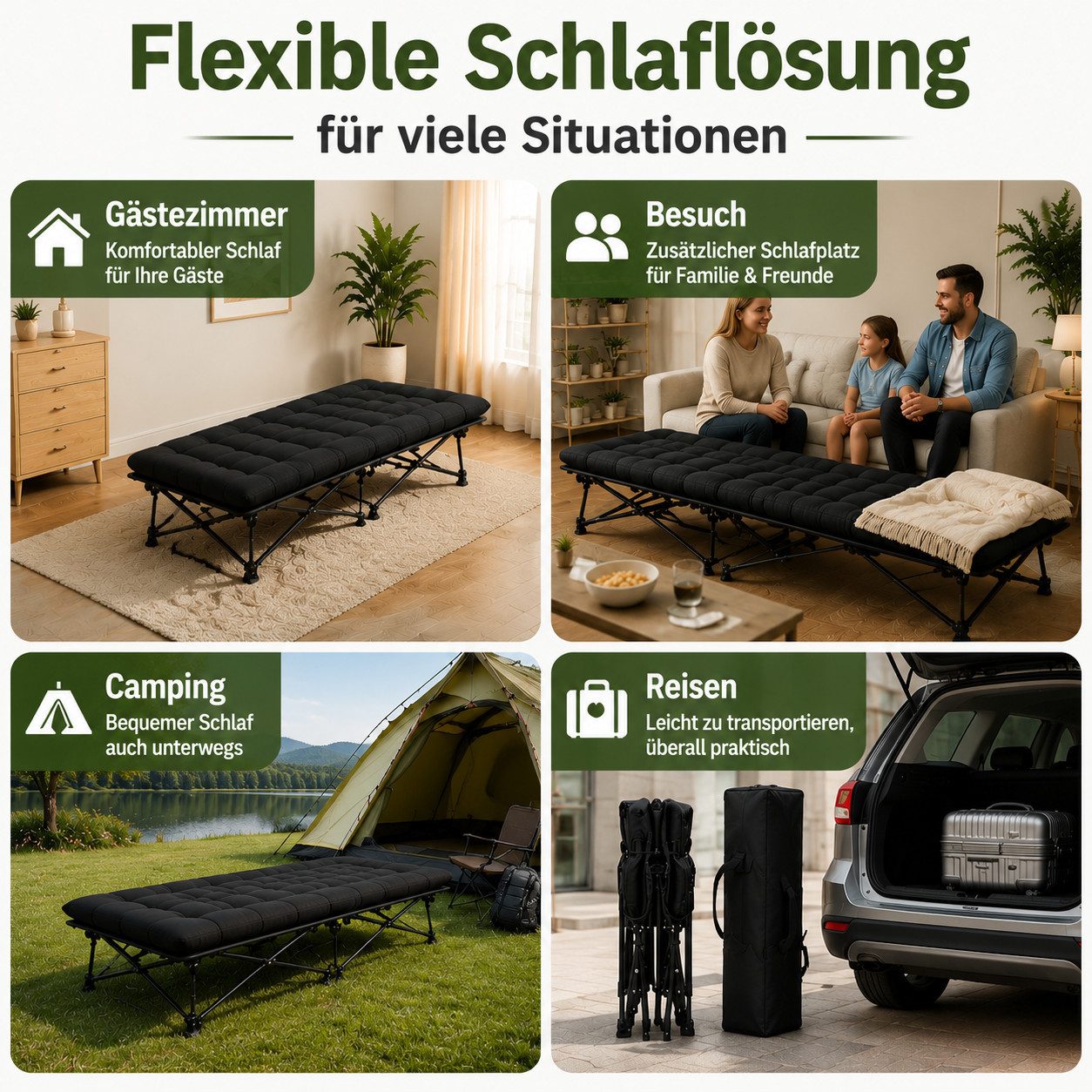 ibettertec Klappbett mit Matratze,Camping Bett,Gästebett,200KG Belastbar,188×71×37cm (für Zuhause, Reisen & Outdoor) Klappliege,Reisebett Erwachsene,Tragbares Campingliege mit Matratze