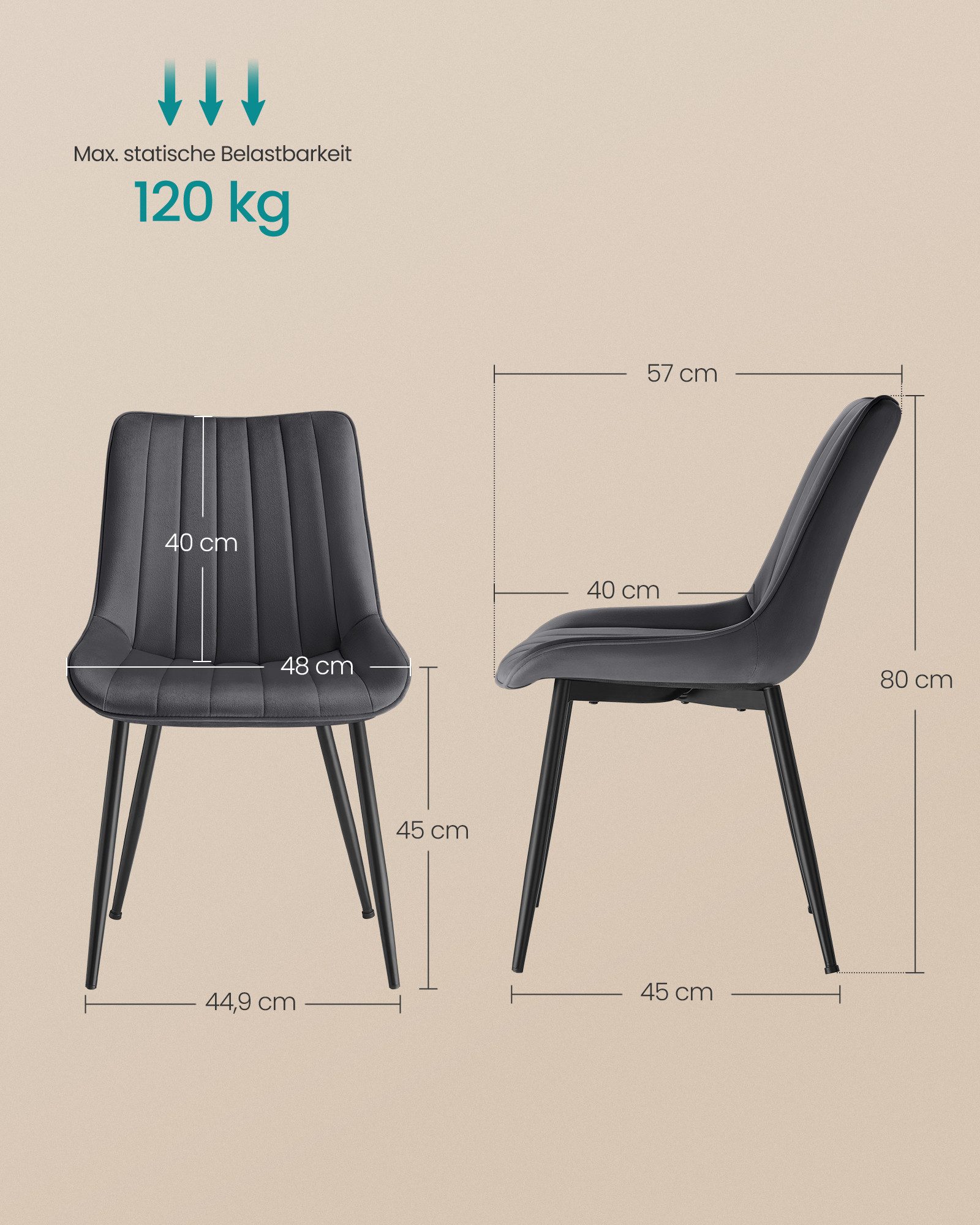SONGMICS Esszimmerstuhl Küchenstuhl aus Samt, Polsterstuhl mit Armlehnen, Loungesessel (6 St), bis 120 kg belastbar, für Esszimmer, Küche, Stahlbeine, Polsterst – Bild 5 von 5