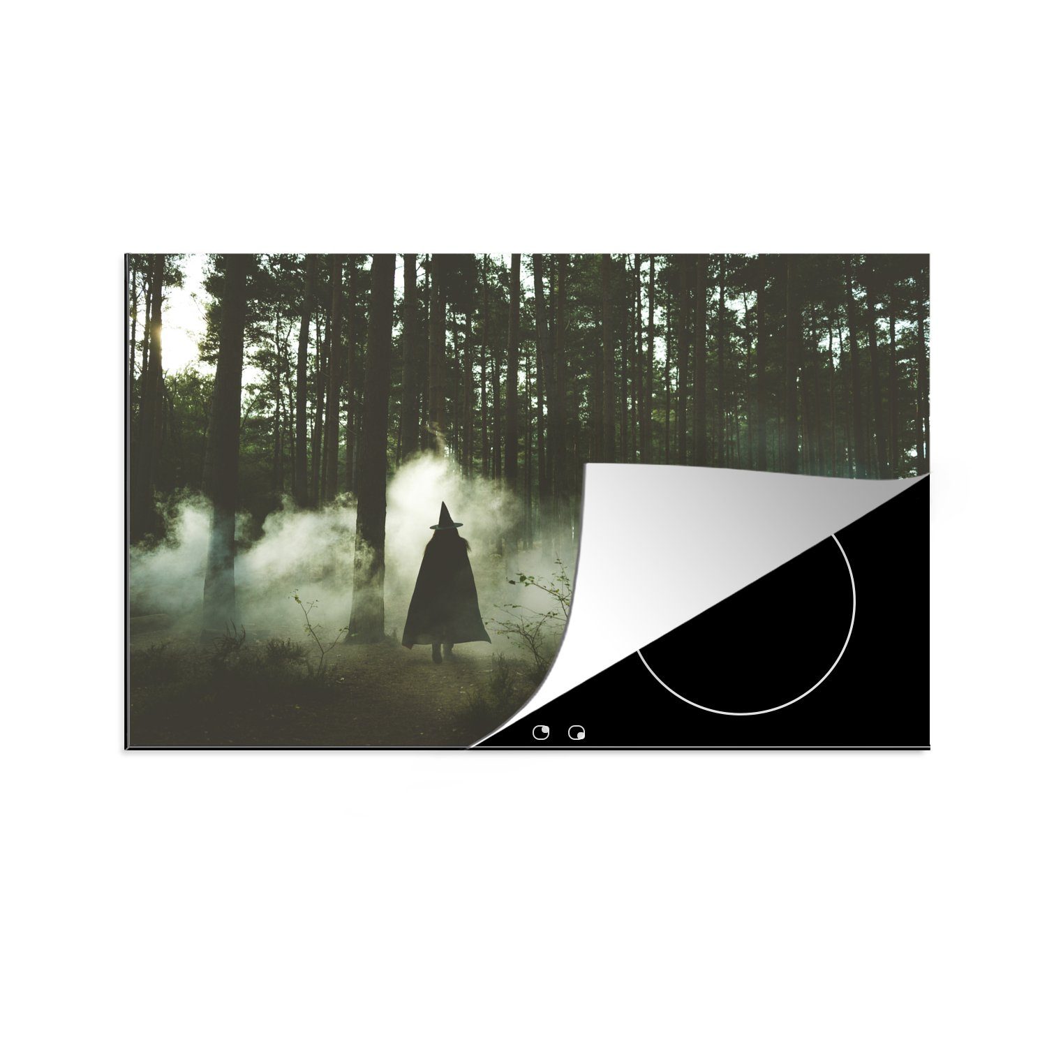 MuchoWow Herdblende-/Abdeckplatte Gespenstische Hexe im Wald, Vinyl, (1 tlg), 81x52 cm, Induktionskochfeld Schutz für die küche, Ceranfeldabdeckung