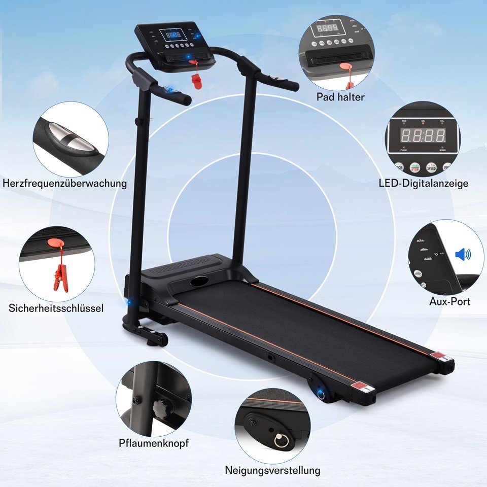Fangqi (Schwarz), LED-Display,1-12 Fitness-Laufband Kompakt Programme KM/H,12 Laufband mit zusammenklappbar Pad/Telefonhalter,