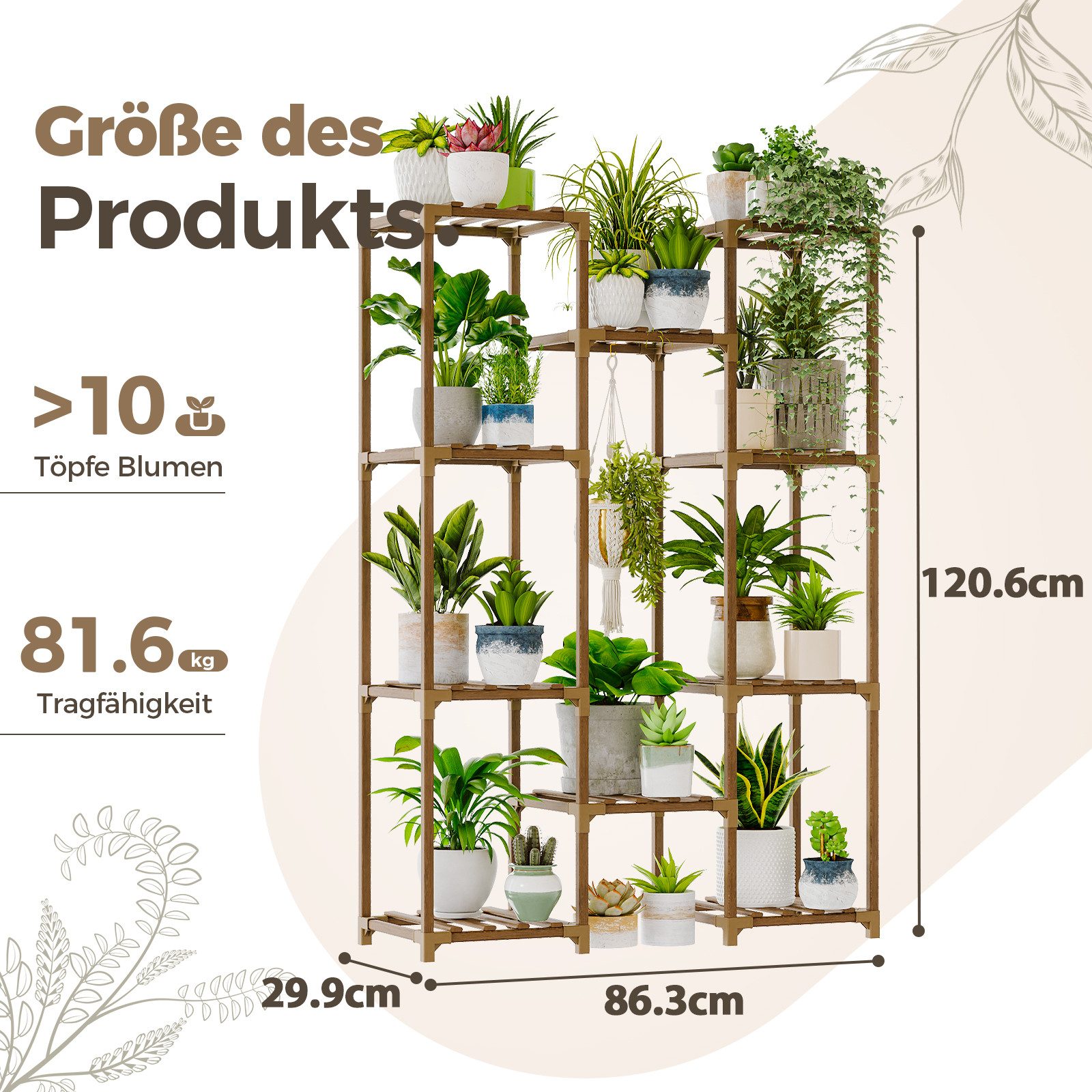 Bamworld Blumenständer Pflanzenständer Hoher Pflanzenstufen Pflanzenregal (1 St), Mehrstufiges Blumenregal für Außen (Terrasse/Balkon/Garten)