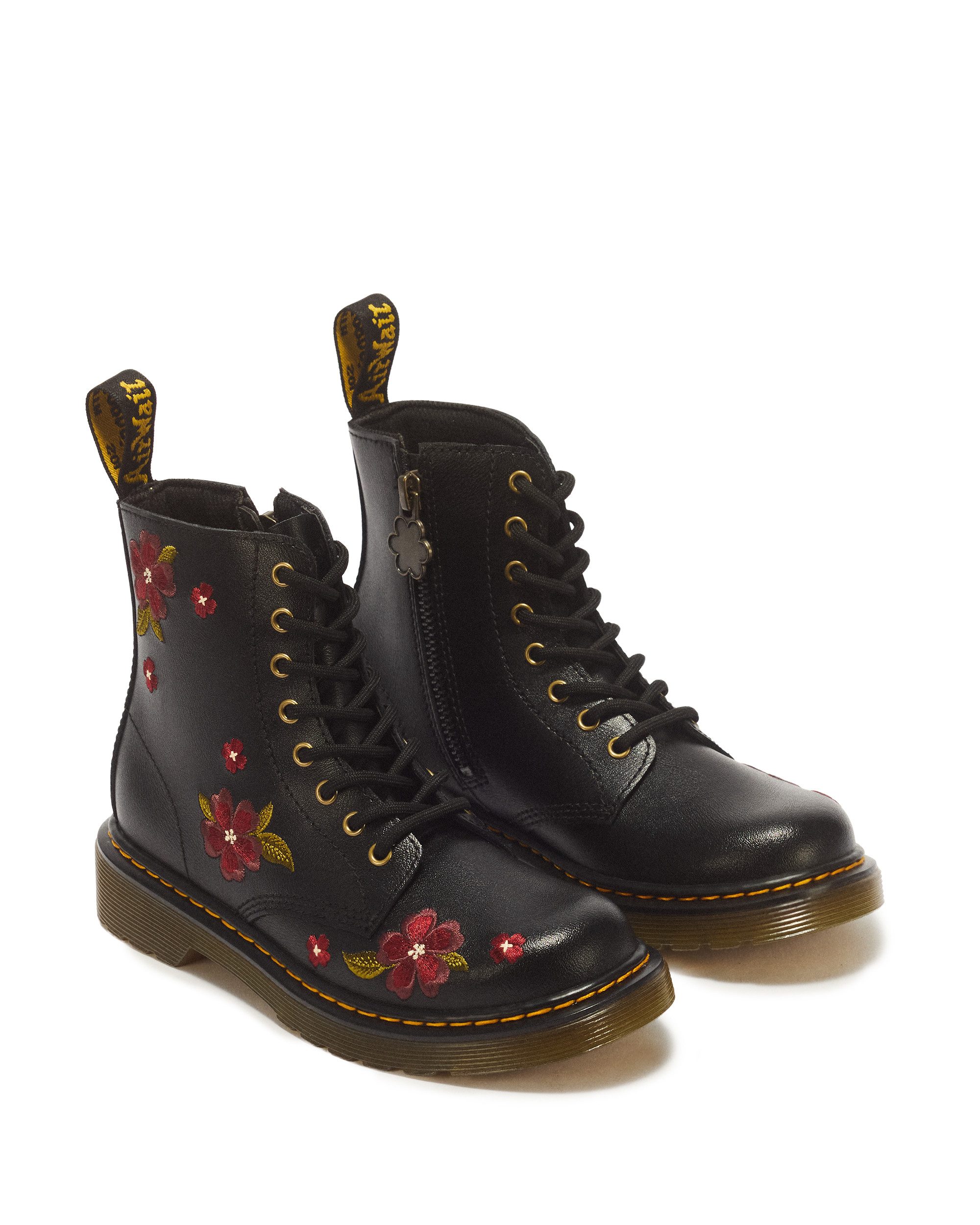 DR. MARTENS 1460 J black T Lamper Schnürboots Herbstboots, Mini&Me mit farbiger Blumenstickerei