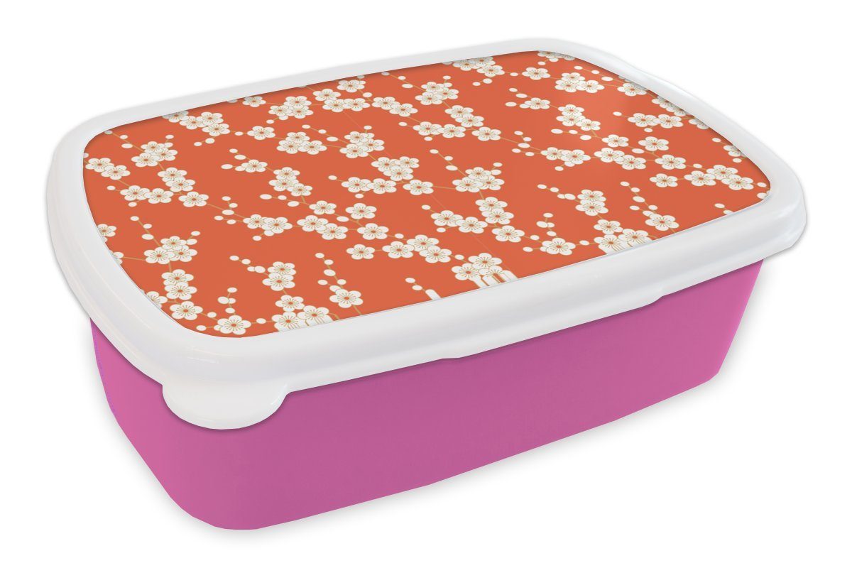 MuchoWow Lunchbox Sakura - Blumen - Muster - Japan, Kunststoff, (2-tlg), Brotbox für Erwachsene, Brotdose Kinder, Snackbox, Mädchen, Kunststoff rosa