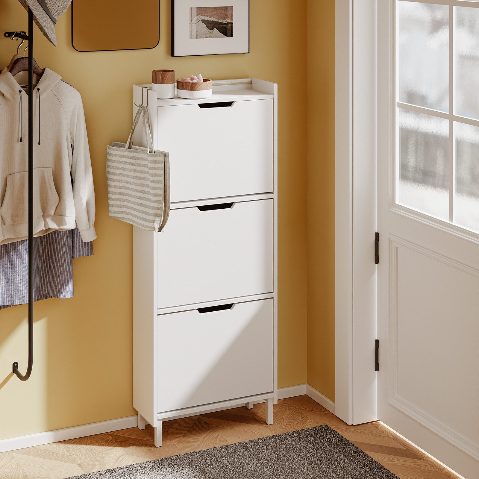 SoBuy Schuhschrank FSR151-H-E, Schuhschrank schmal, Schuhregal Schuhkipper Flurschrank Schuhschrank hängend, mit Sensorlicht, 3 Klappen, Schuhaufbewahrung