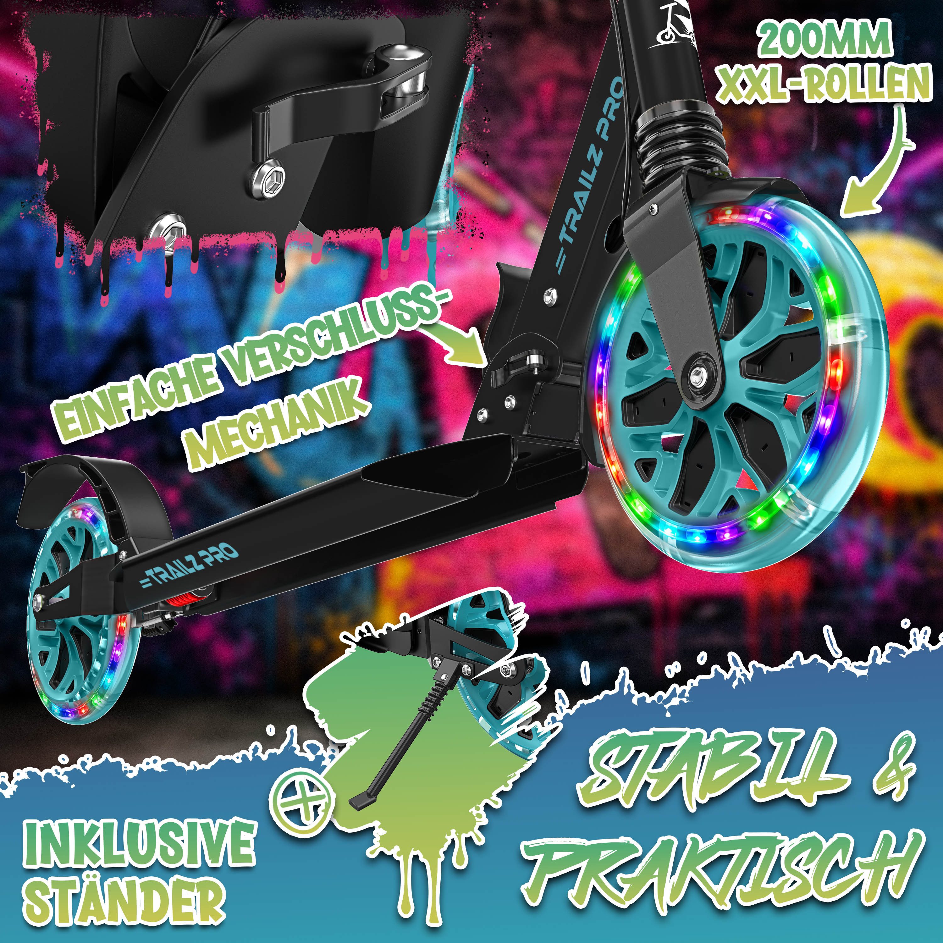 RE:SPORT Cityroller RE:SPORT® Trailz Pro Cityroller Scooter inkl. Tragegurt und Klingel, (Scooter höhenverstellbar & klappbar, Kickscooter Tretroller inkl. Hand – Bild 5 von 5