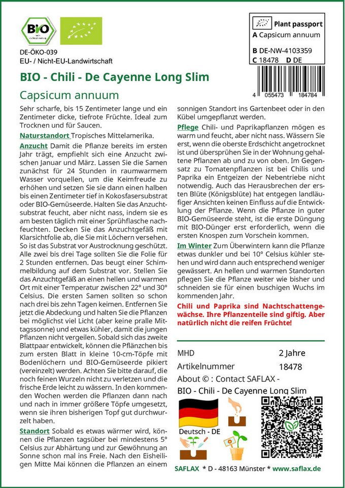 Thumbnail - SAFLAX Gemüsesamen SAFLAX - Samen - BIO - Chili - De Cayenne Long Slim
