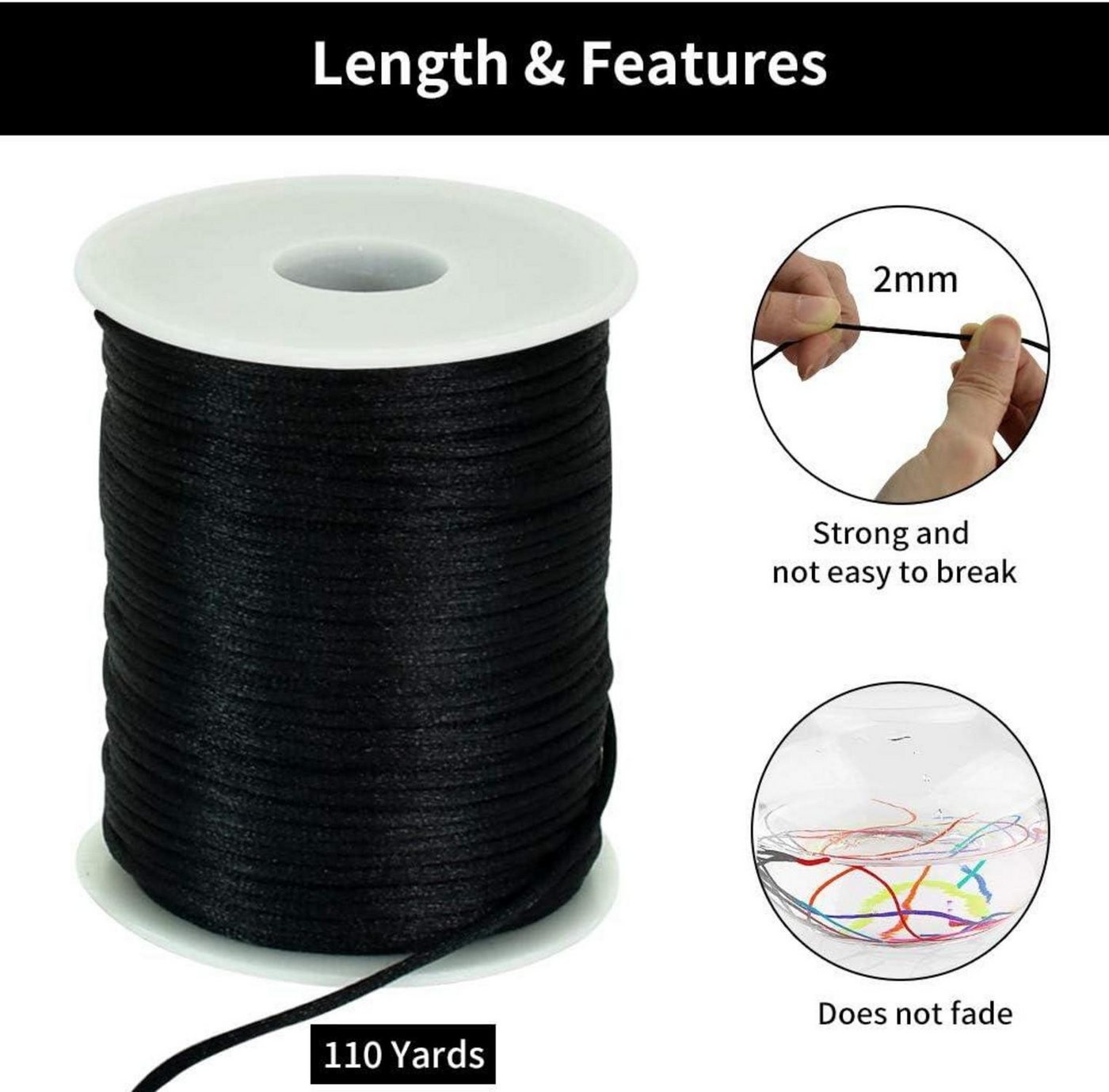 Thumbnail - LuxusKollektion Geschenkfolie Nylonschnur Schwarz 2mm x 100m Satinschnur Armbänder
