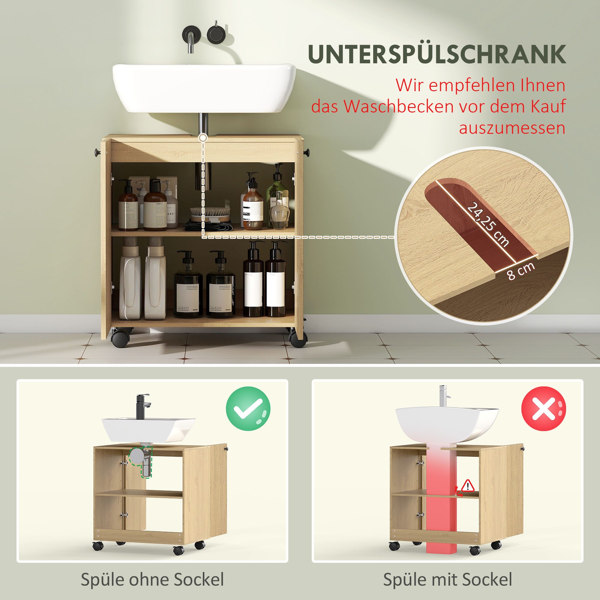 HOMCOM Waschbeckenunterschrank Waschtischunterschrank, Badschrank mit Rolle, Soft-Close Türen (Badezimmerschrank, 1-St., Unterschrank) für Badezimmer, Eiche – Bild 4 von 5