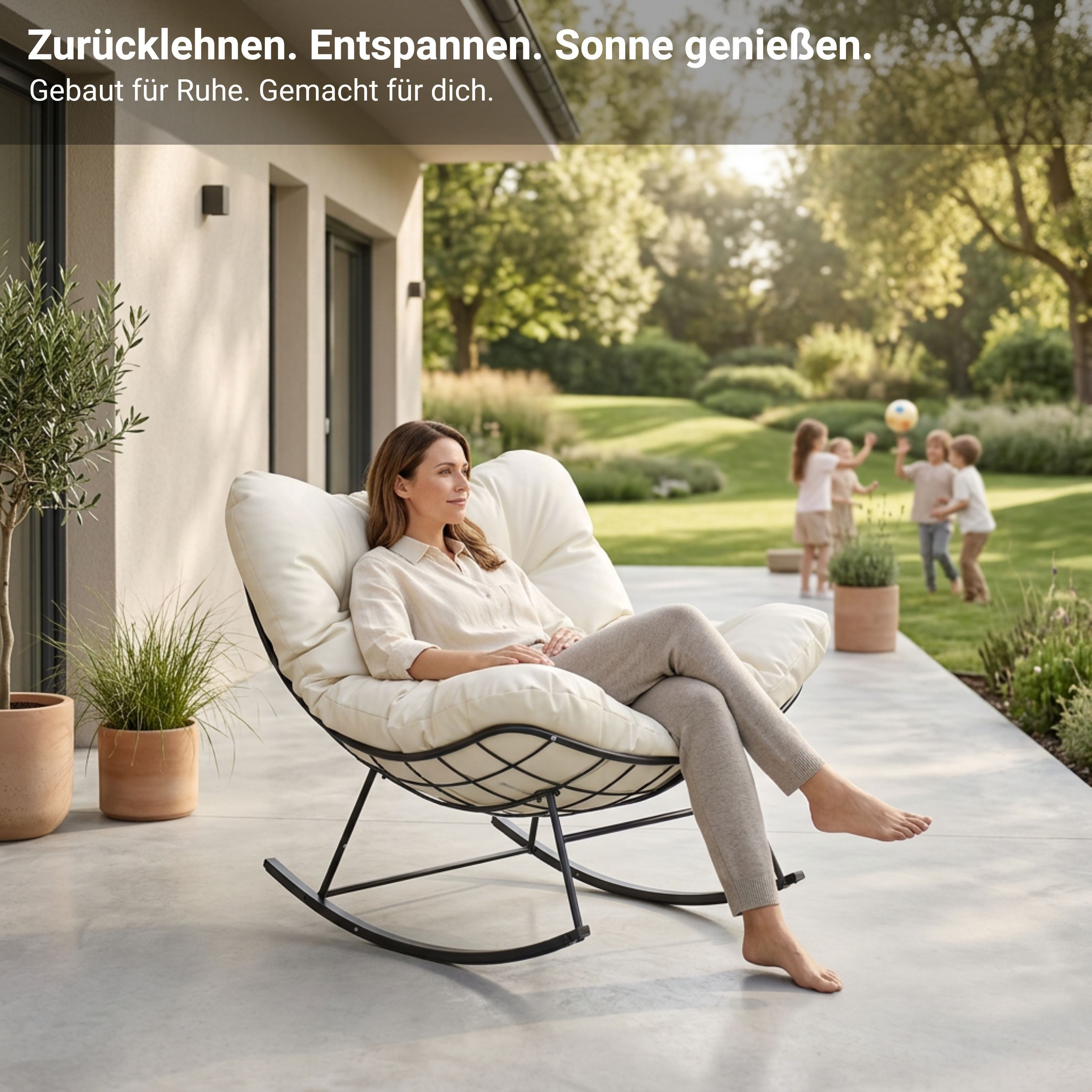 NovaTerra Schaukelstuhl mit XXL Kissen, Outdoor-Gartenstuhl, robust und pflegeleicht, Rostbeständig dank Pulverbeschichtung, wasserabweisendes Kissen
