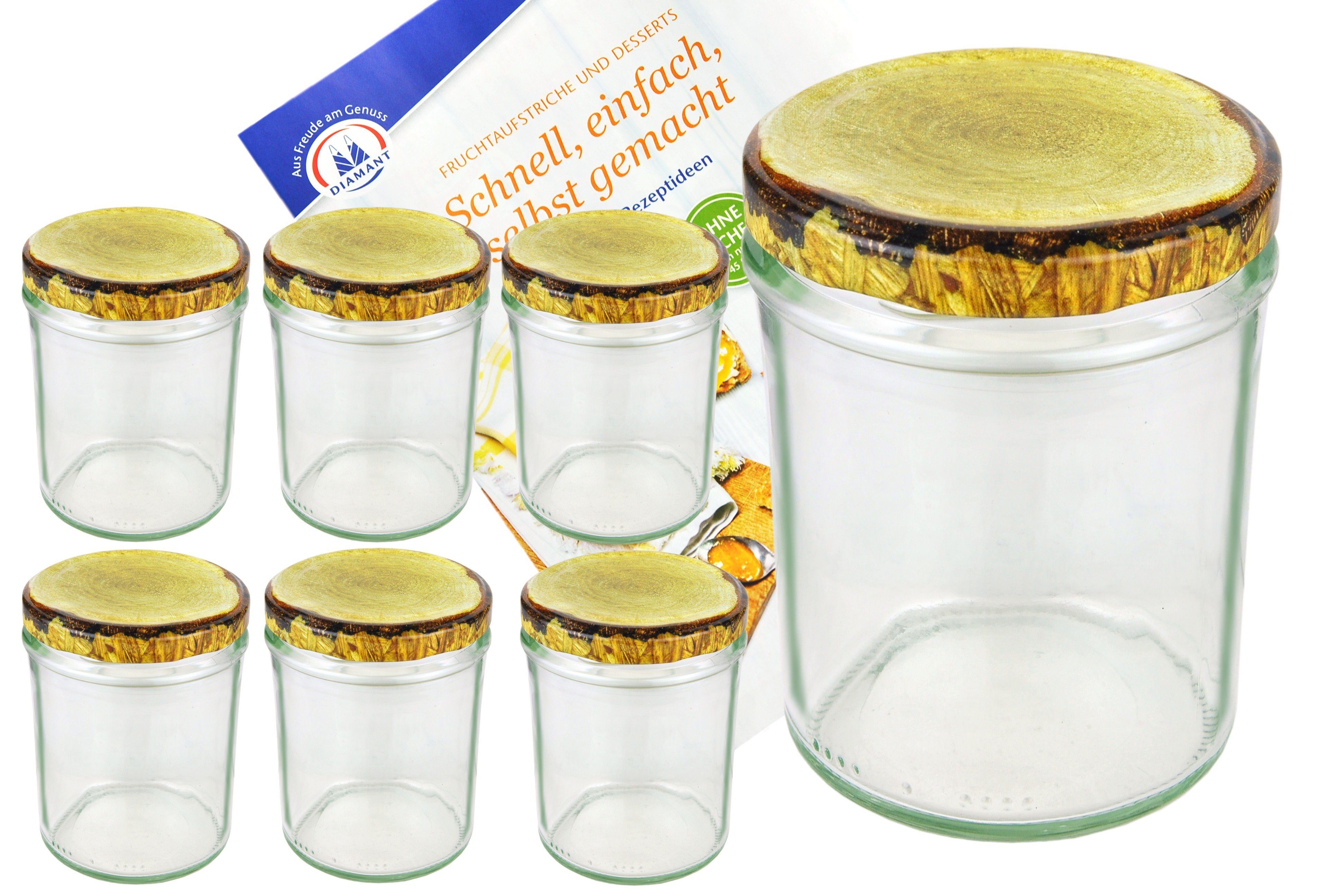 MamboCat Einmachglas 6er Set 435 ml Einmachglas Holzdekor Glas Sturzglas Deckel, Marmeladenglas