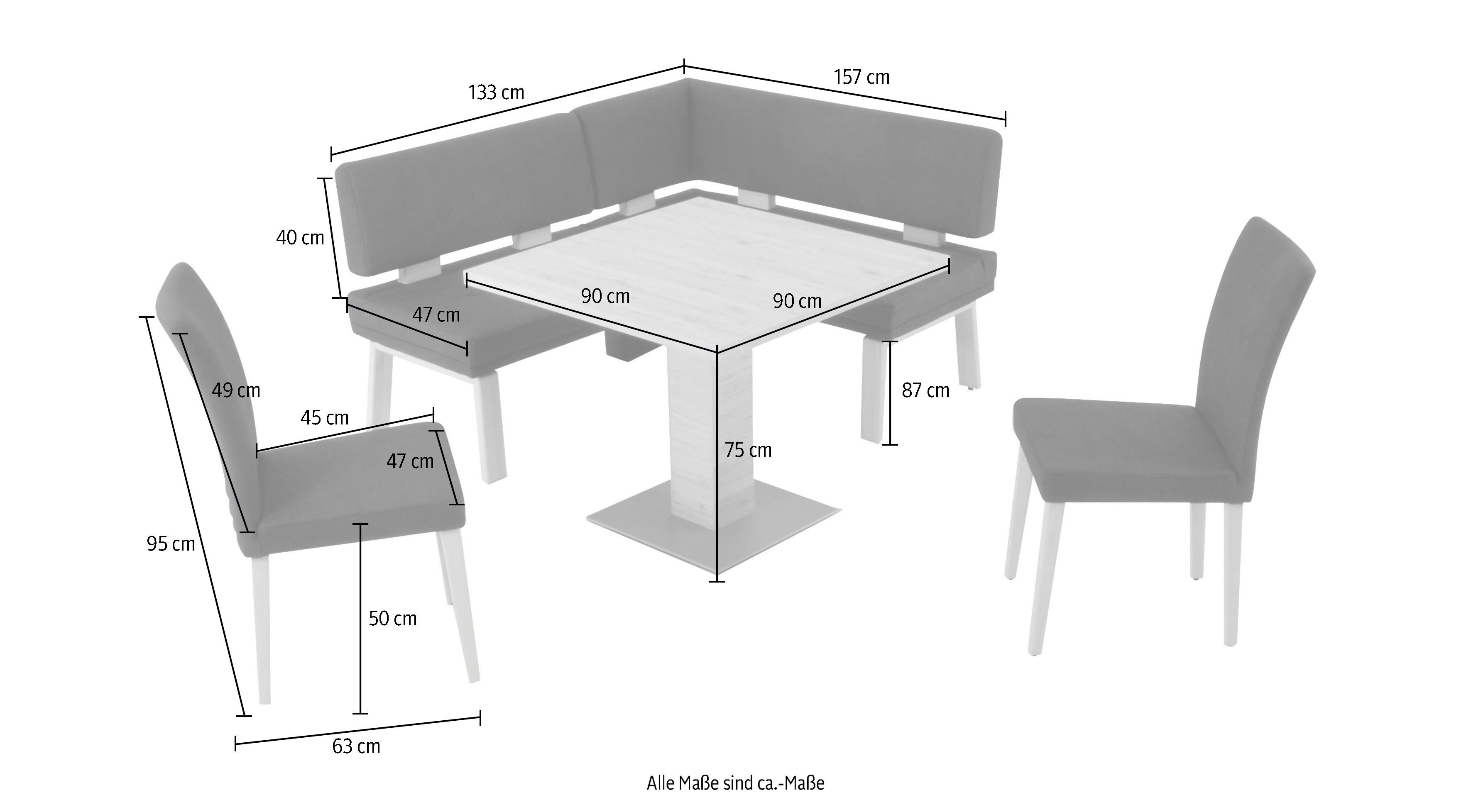 & 4 157cm, Schenkel K+W Tisch 90x90cm I, zwei Santos Eckbankgruppe rechts/links (Set), Holzstühle darkgrey und Wohnen Komfort