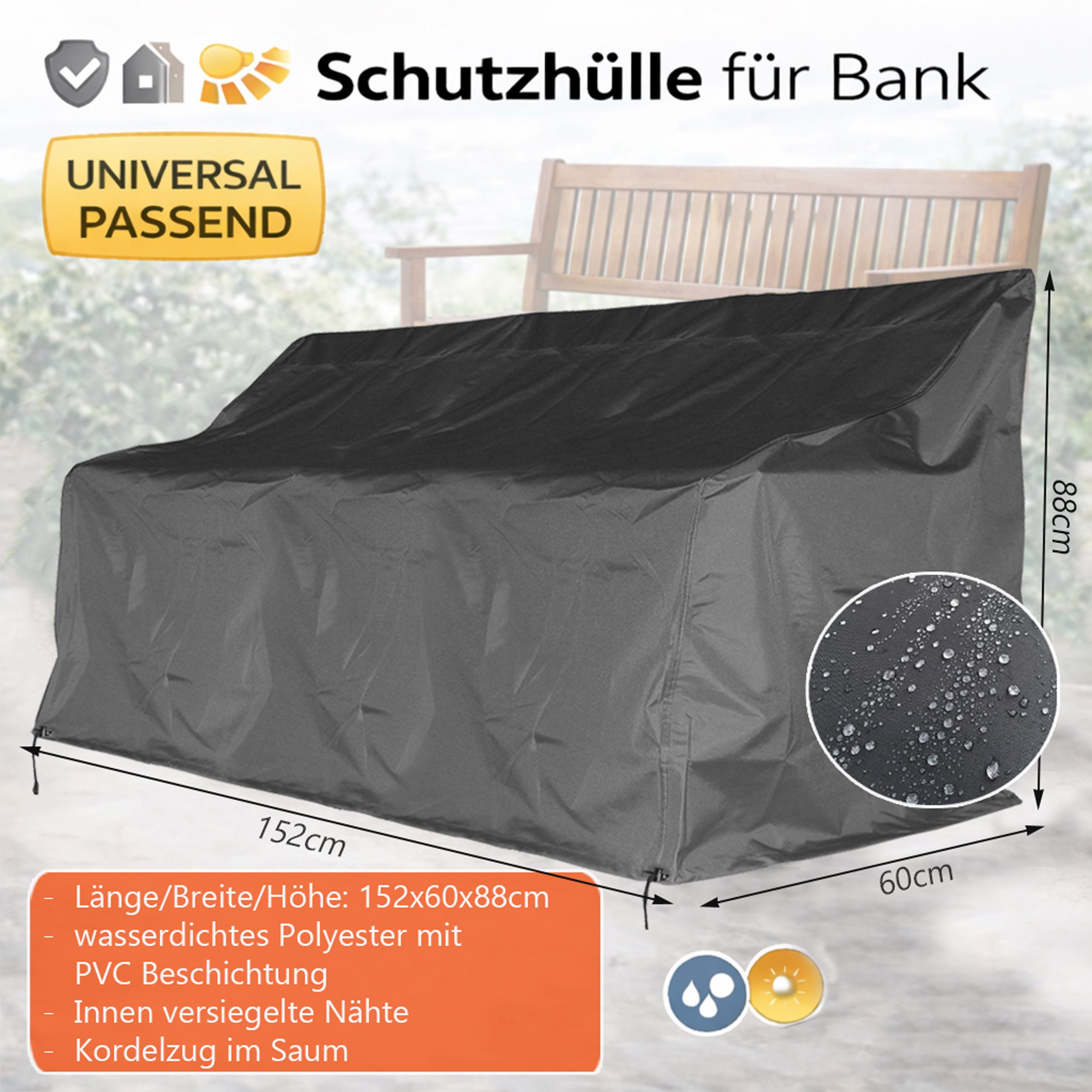 Quick Star Gartenmöbel-Schutzhülle Bankhülle 150x60x88cm Grau (1-St), 260g Polyester / PVC beschichtet
