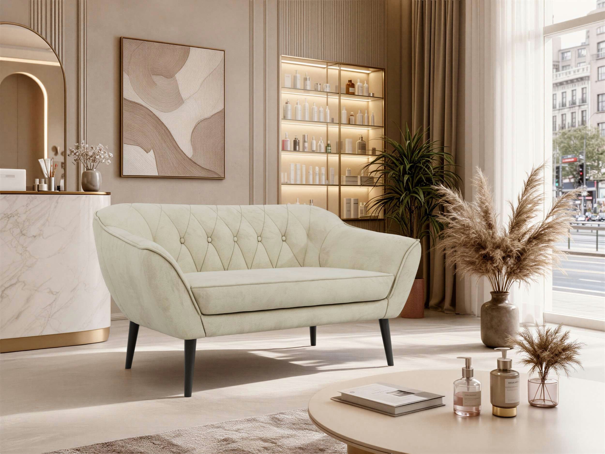 MKS MÖBEL Sofa PIRS, 2-Sitzer, Design mit Steppung, Wellenfederung, Scandi-Design, Füße wählbar