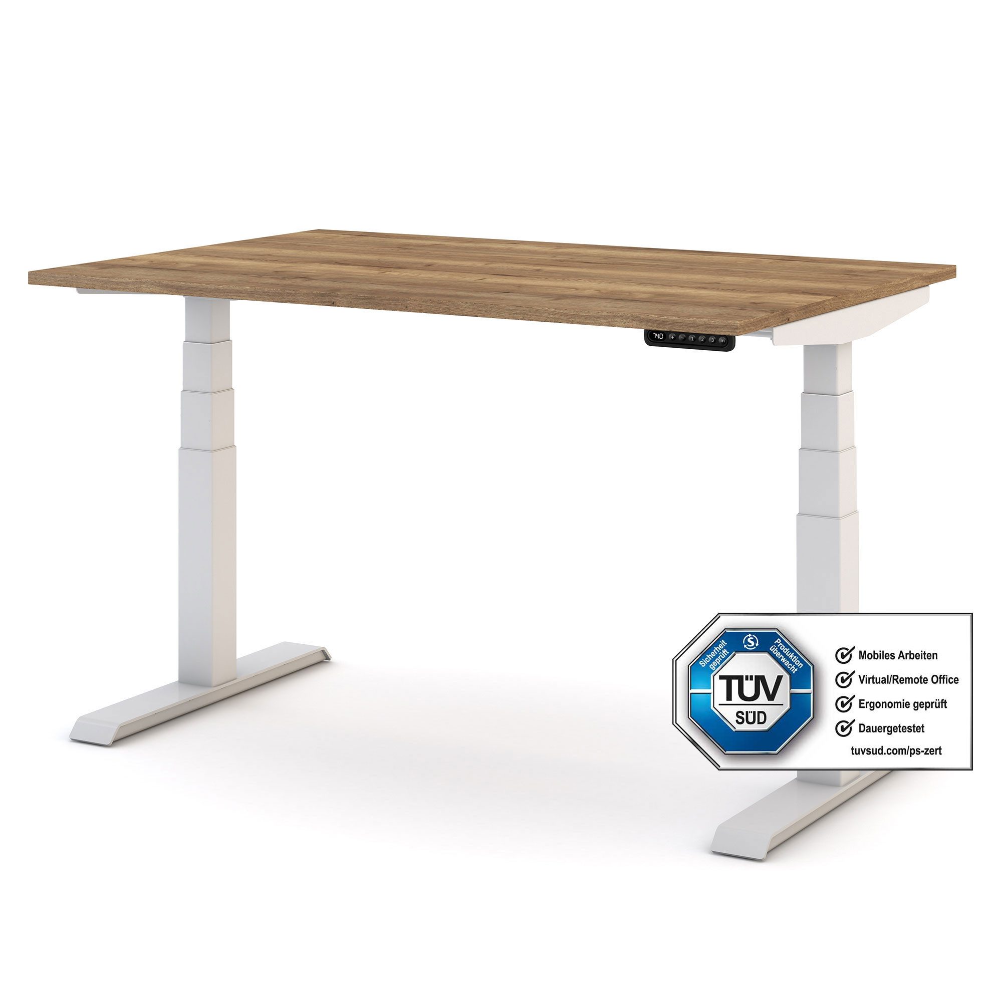 ASSMANN Büromöbel Schreibtisch PITINO (120x70cm Weiß Eiche Tabak Kollisions-Schutz, Elektrisch höhenverstellbar, Familiengerecht, Verriegelungsfunktion 2-fach-Motorik Dreifachhub, einfache Montage, für Büro und Homeoffice), TÜV-zertifiziert, Blauer Engel, 5 Jahre Herstellergarantie