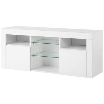 REDOM TV-Schrank TV-Tisch, TV-Ständer mit 2 Schränken mit Türen und 5 offenen Regalen (Hochglanz-TV-Schrank Einstellbares LED-System, weiß 120*35*50cm Multifunktionale Aufbewahrung) TV-Möbel für bis zu 55 Zoll Fernseher, 16-farbige LED-Beleuchtung