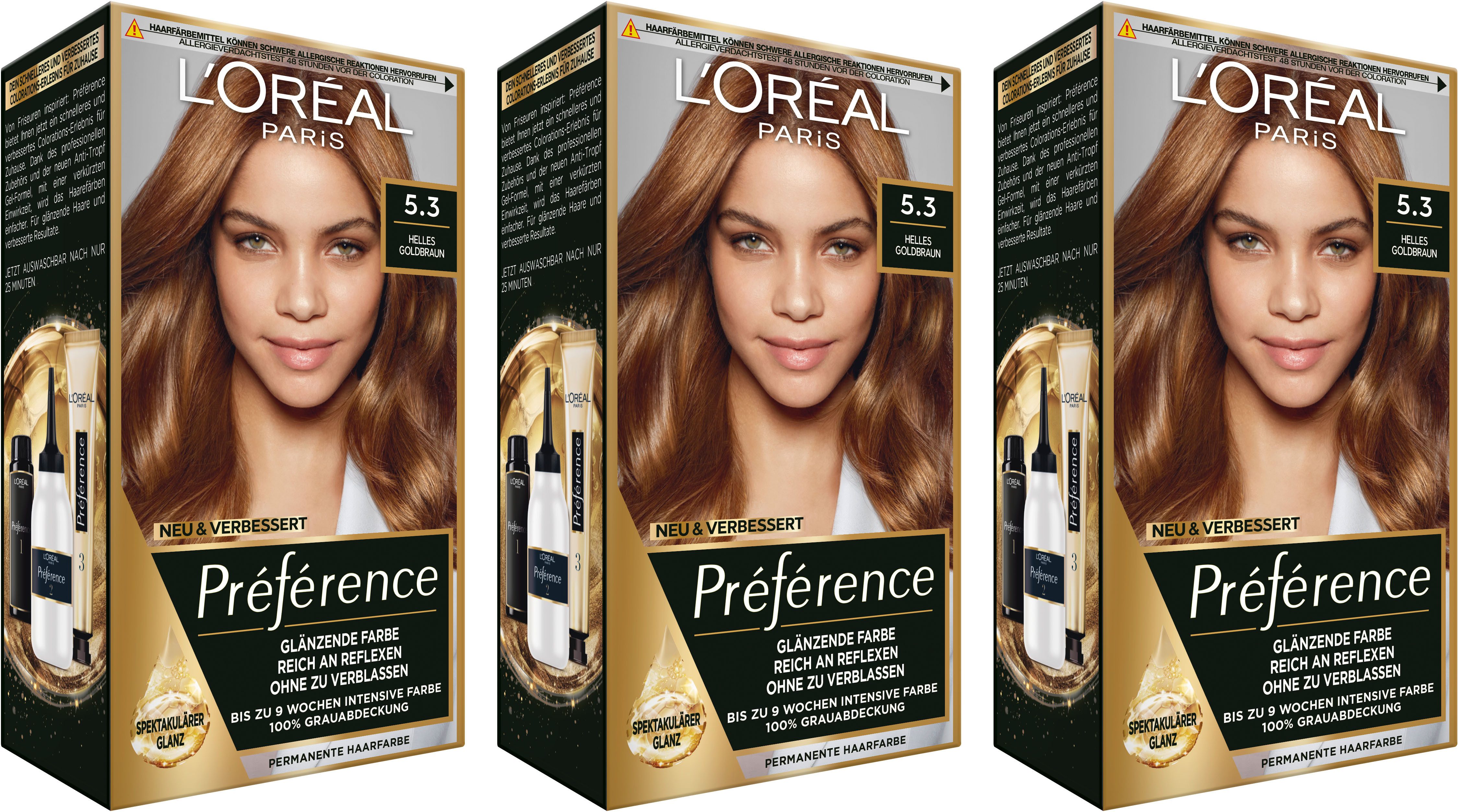 L'ORÉAL PARIS Coloration PRÉFÉRENCE HAARFARBE, Packung, 3-tlg., dauerhafte Haarcoloration mit 100% Grauabdeckung