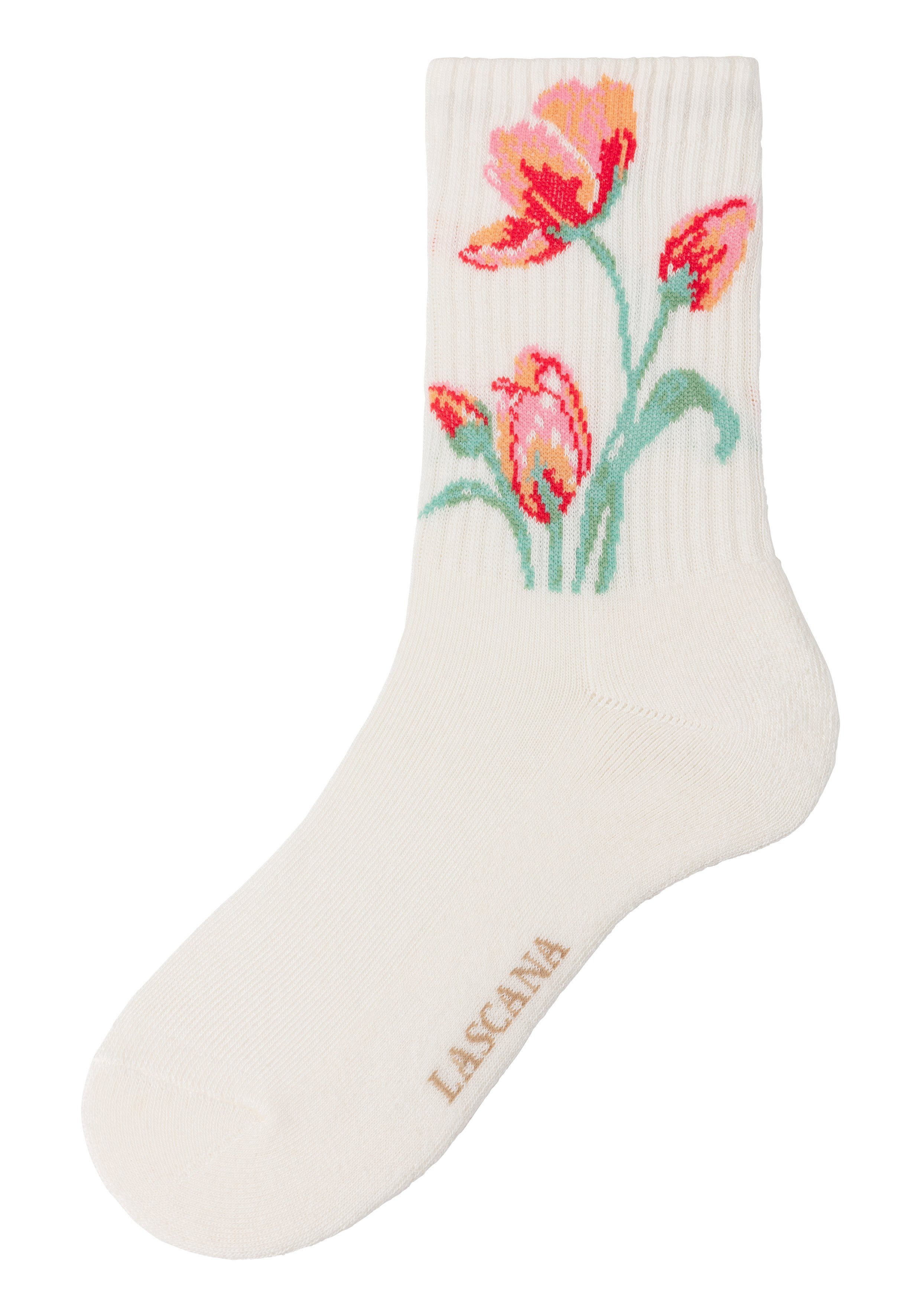 LASCANA Basicsocken Blumen Motiven mit eingestrickten 4x (Packung, 4-Paar) ecru