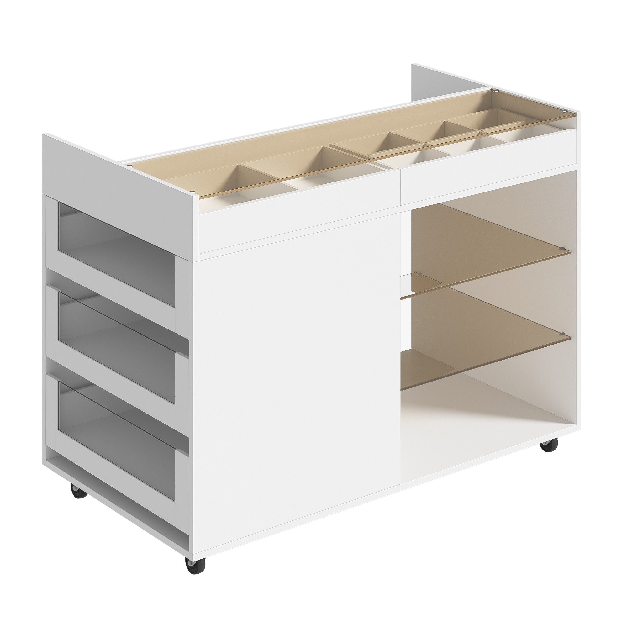 Flieks Kommode mit Glas-Arbeitsplatte & verstellbaren Glaseinlegeböden und Lenkrollen (1 St., B100/T60/H79 cm), Mehrzweckschrank Schmuckschrank Holzschrank mit  – Bild 5 von 5