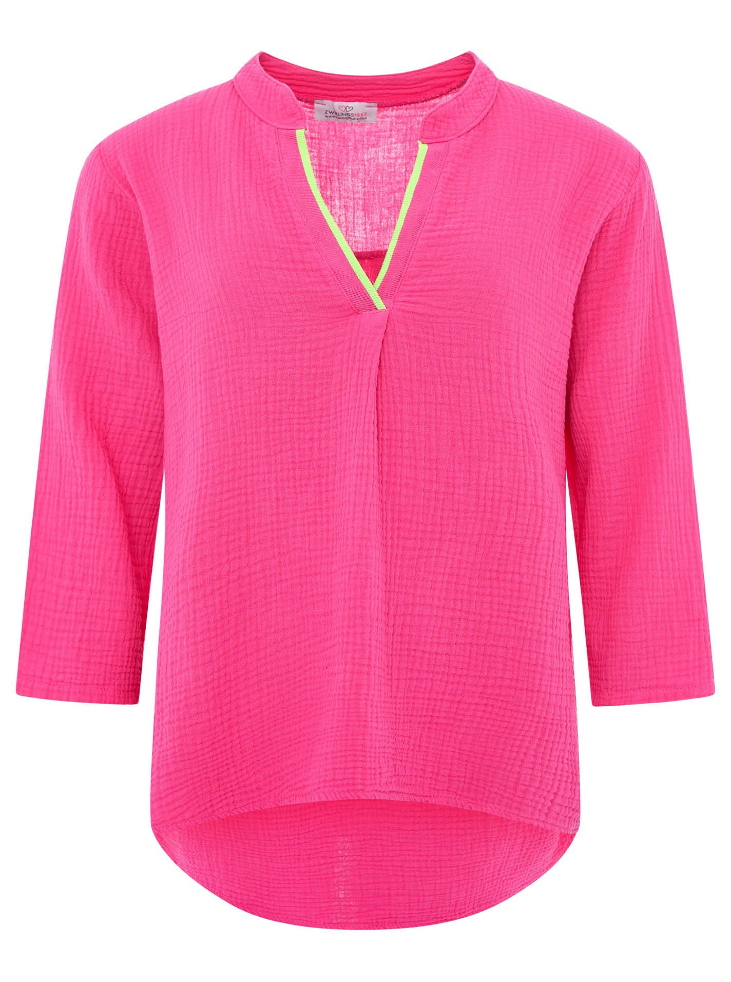 Zwillingsherz Schlupfbluse "Neon Kante" Musselin, eingefasster V-Neck in Neon, 3/4 Arm, hinten leicht länger – Bild 2 von 5