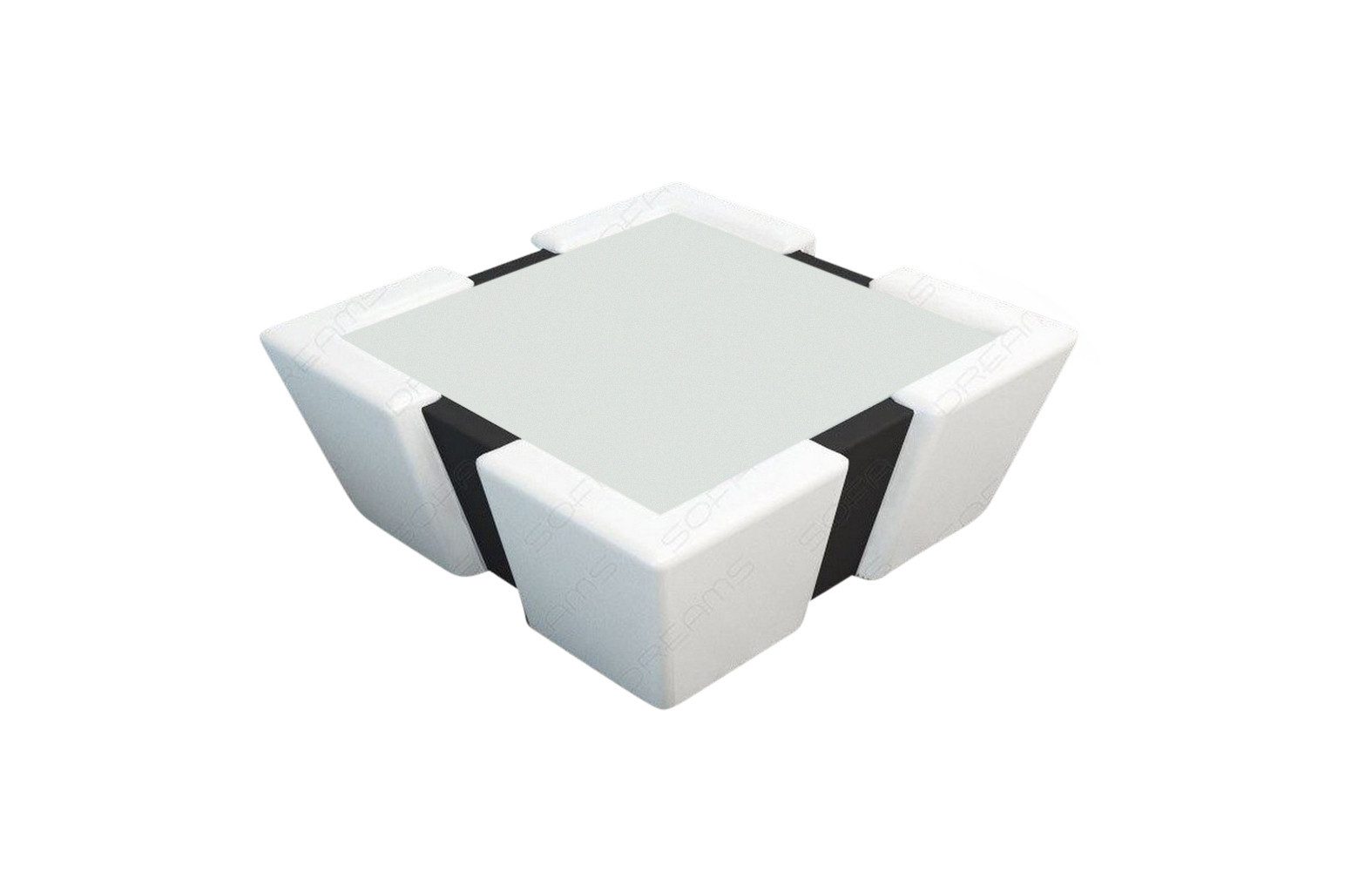 Sofa Dreams Couchtisch Couchtisch Apollonia Tisch Stoff mit Sicherheitsglasplatte 12mm (1 Tisch), Mikrofaser Bezug in Schwarz, Akzentfarbe Kunstleder Weiß