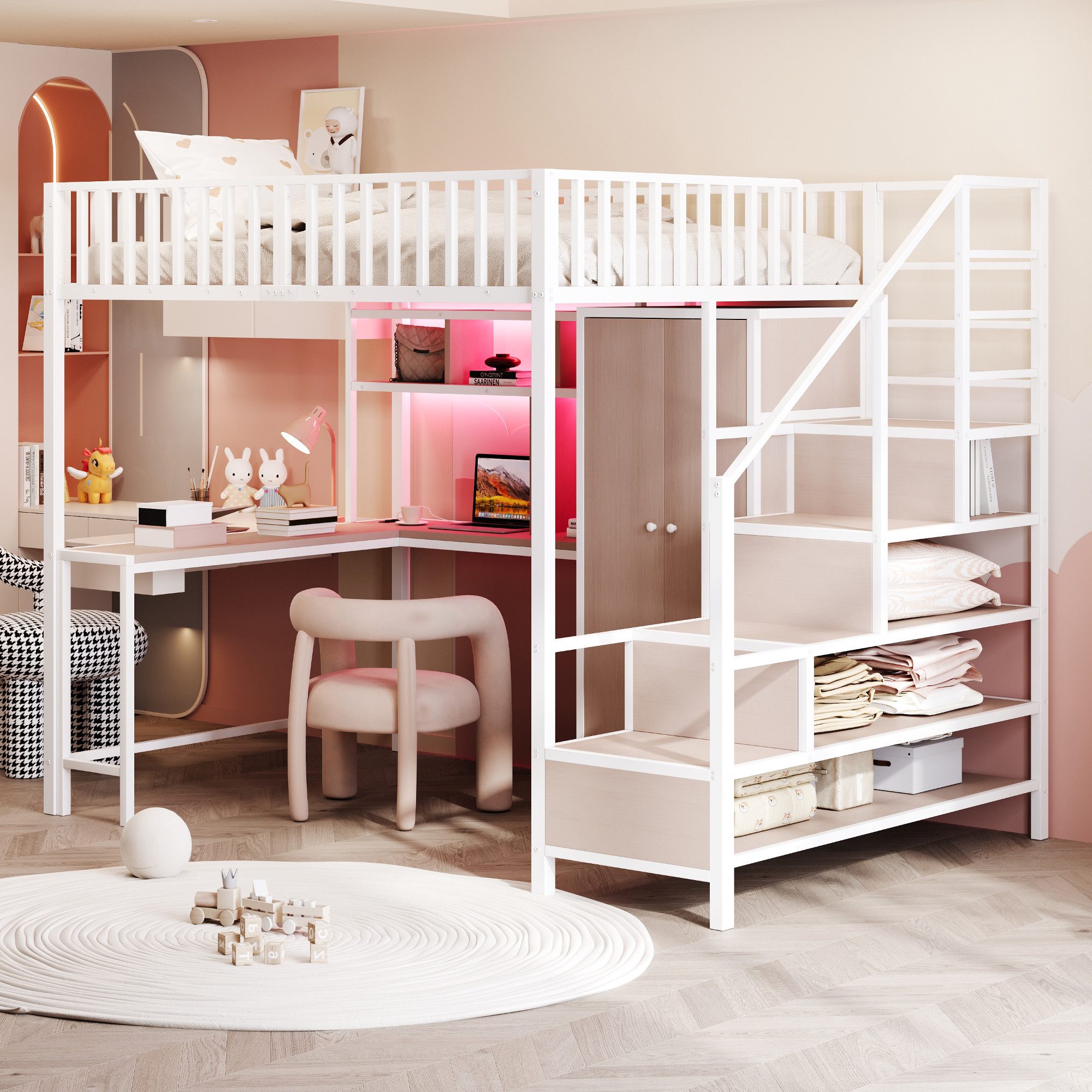 OKWISH Hochbett Jugendbett Metallbett (mit Schreibtisch, Kleiderschrank, Regalen und Schubladen, Stauraumleiter mit Sicherheitsgeländer, LED und Ladebuchse, 140x200 cm) ohne Matratze