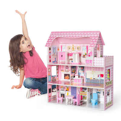 Dedom Puppenhaus Puppenhaus,Traumvilla,mit 5 Zimmern und 1 Balkon, 9 wunderschön realistischen Plastikmöbeln,Puppenhaus aus Holz,kinderspielzeug für Jungen und Mädchen