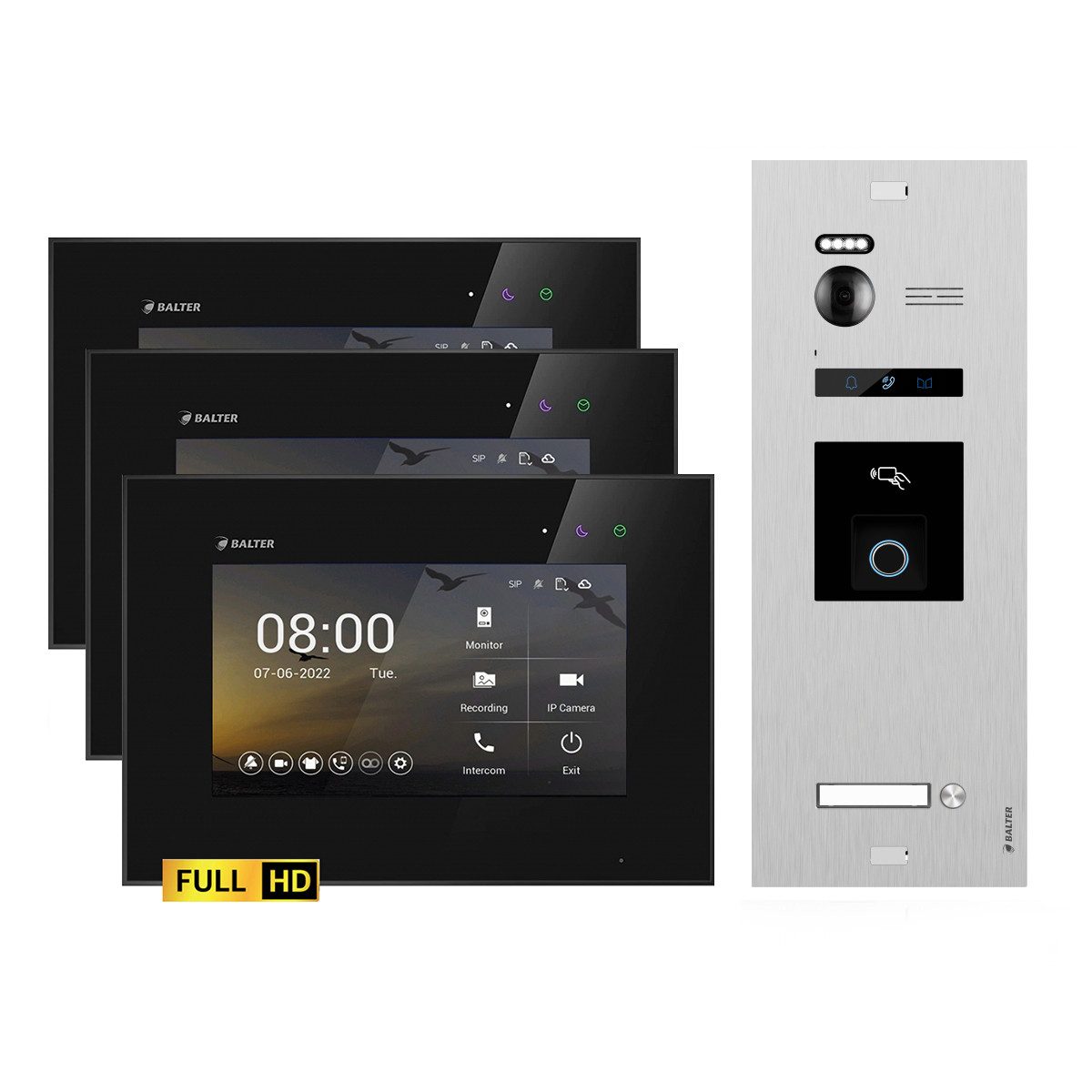Balter Video-Türsprechanlage EVO HD Set Silber für 1-Familie Fingerprint und RFID 3xMonitore (Set, 1-Familienhaus, Komplettsett, Full HD 175° Kamera, Fingerprint, RFID)