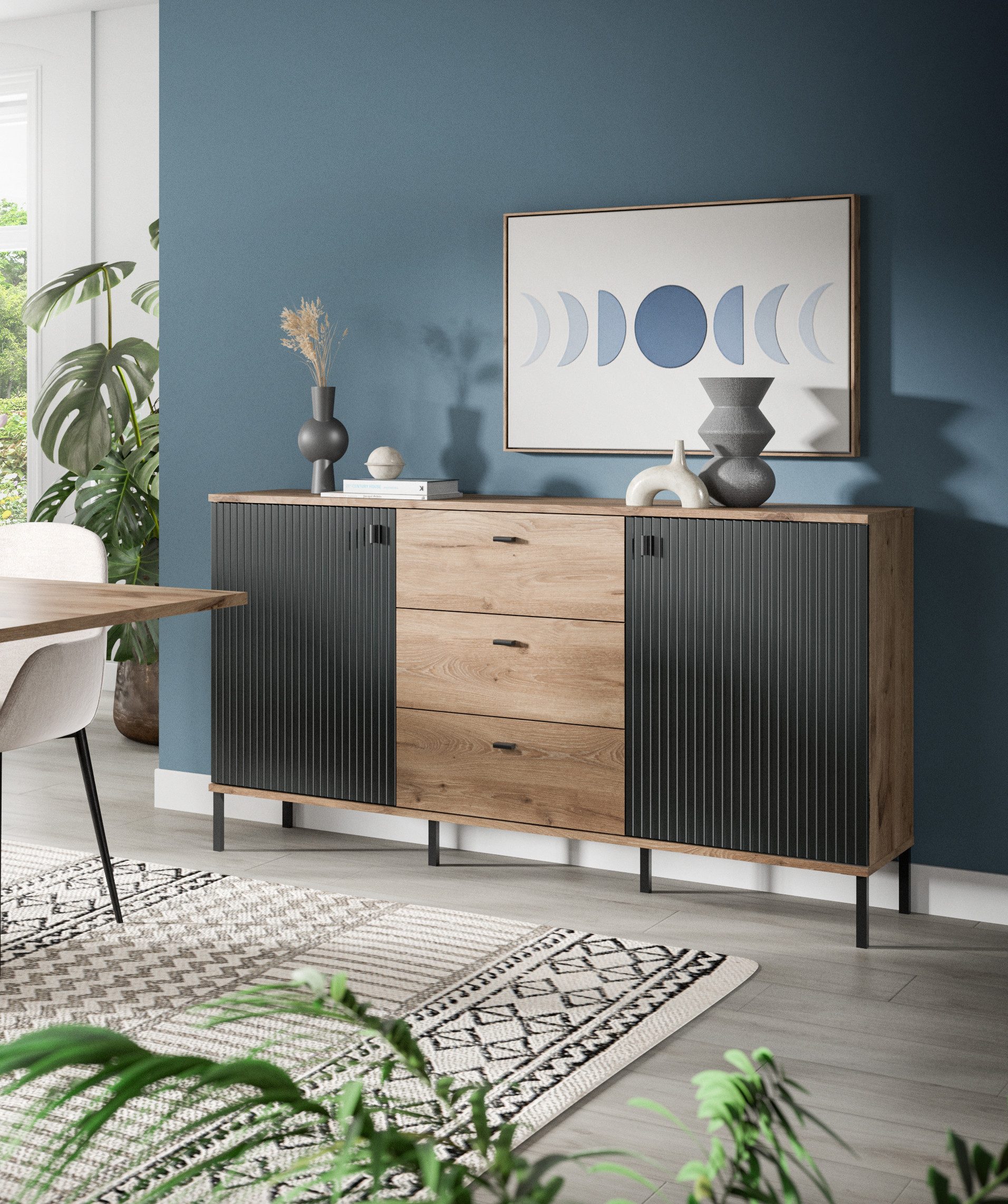 furnling Sideboard Chesco, mit 2 Türen, 3 Schubladen, Soft-Close, Breite 154 cm, Nox Oak/schwarz