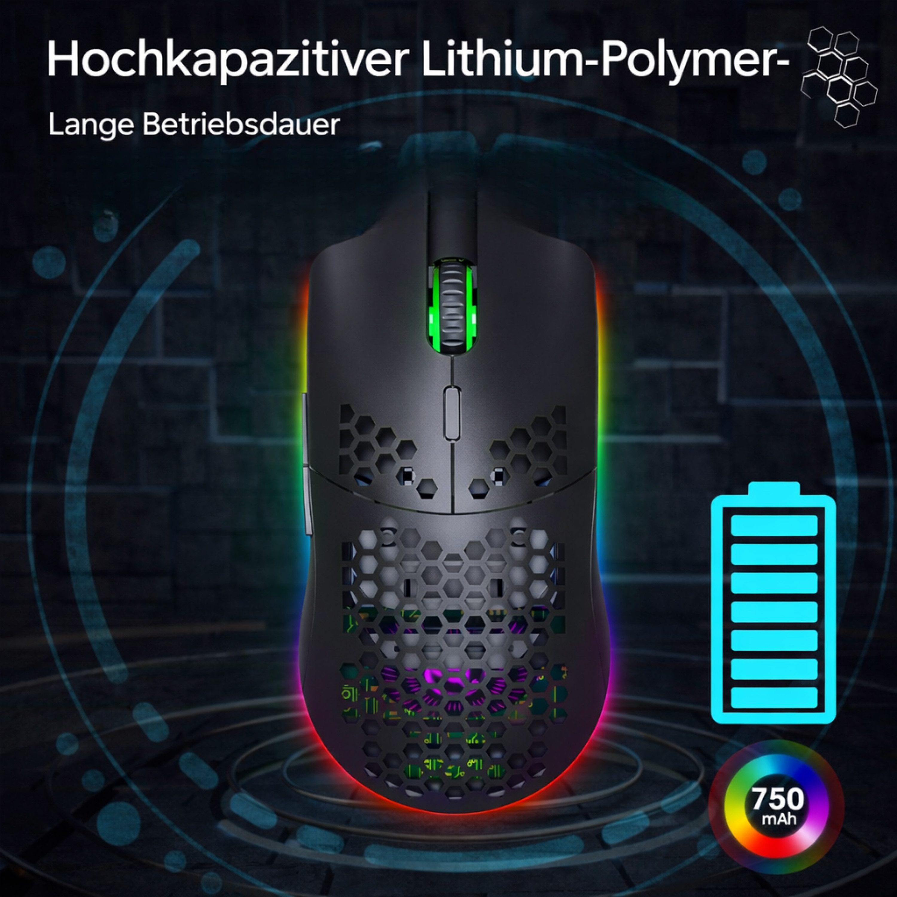 RUHE RGB Gaming Maus Kabellos Wireless Laut Maus Beleuchtung Plug & Play Gaming-Maus (Funk, 2.5G, USB-Dongel, Kabelgebunden Aufladbar, Drahtlos, Optische Maus, 3600 dpi, 10M Einstellbar DPI Schwarz Weiß 6 Tasten für Laptop/PC/Mac/Computer)