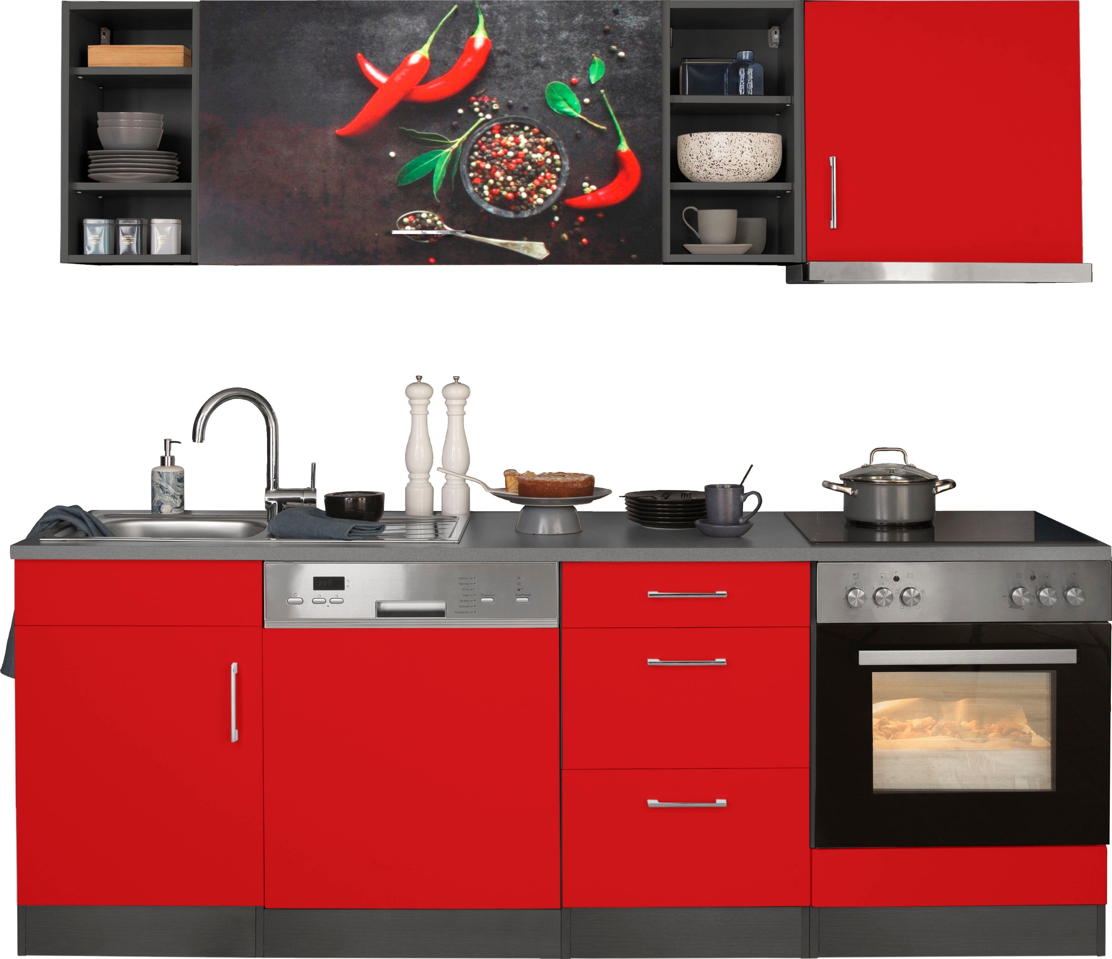 KOCHSTATION Küchenzeile KS-Paris – Küchen mit einzigartigen Fotomotiven auf den Fronten, Breite 220 cm, wahlweise mit E-Geräten, mit Motivdruck