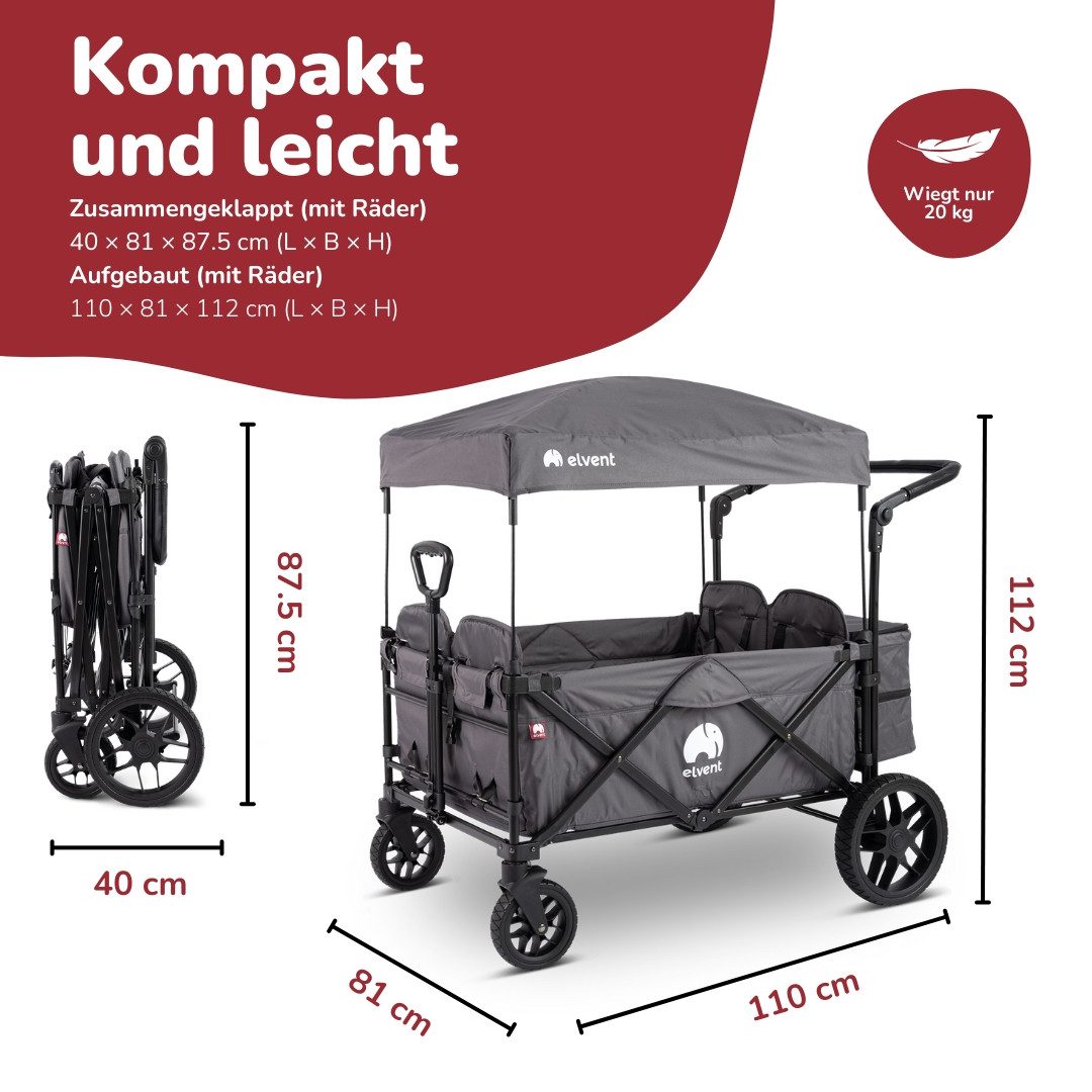 elvent Bollerwagen WagonPro Premium, Kompakt faltbar, Für 1-4 Kinder, Ideal für große Abenteuer