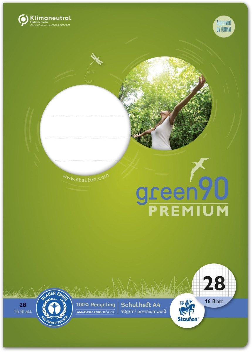 Staufen Schulheft Schulheft Green A4 kariert mit Rand Lineatur 28 16 Blatt Packung mit 1