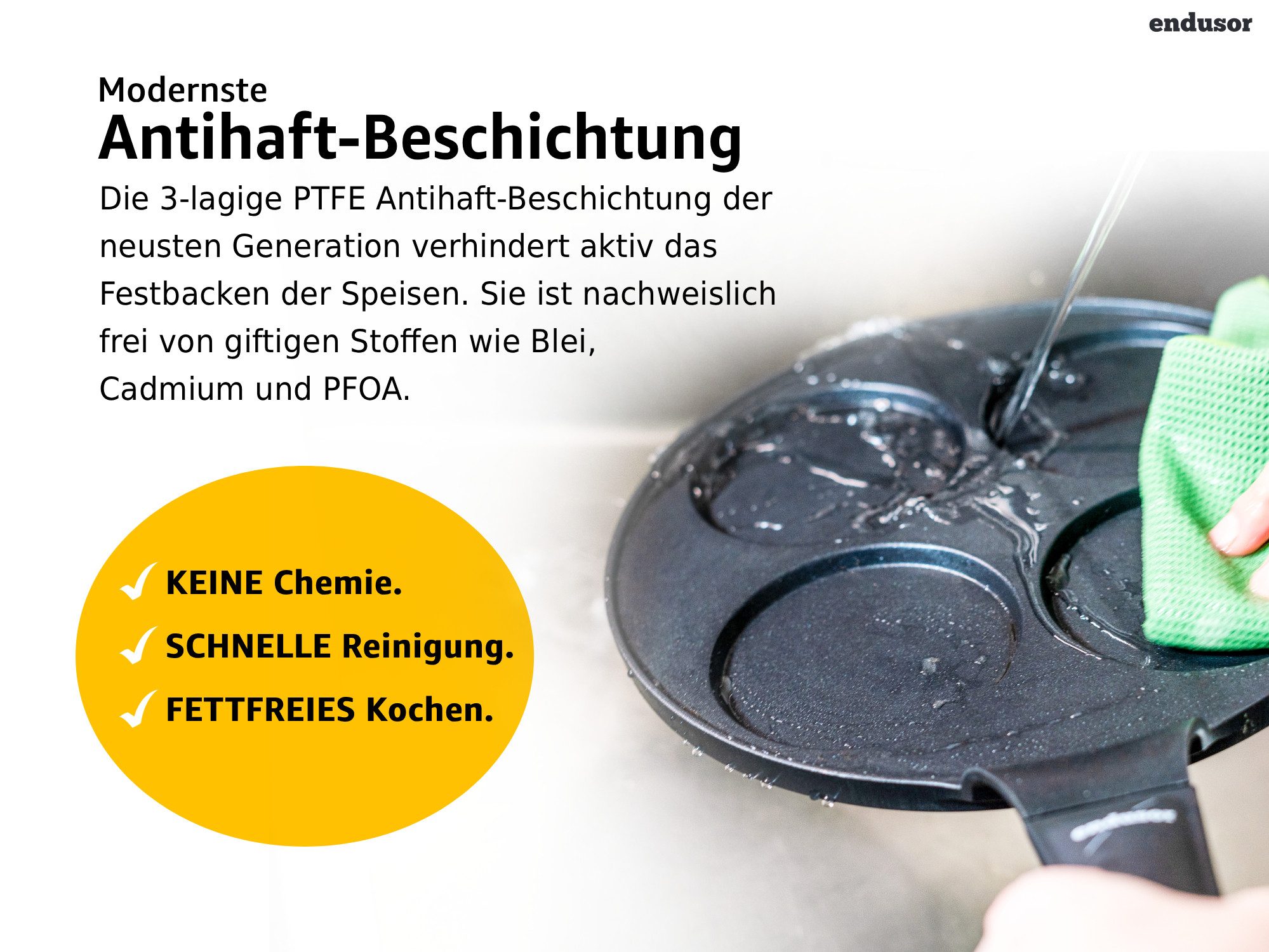 endusor Crêpepfanne Pancake Pfanne ⌀26cm (4 Mulden), Aluminiumguss (Alle Herdarten inkl. Induktion, Ø 26cm Bratpfanne), modernster Antihaft-Beschichtung & Eisen – Bild 4 von 5