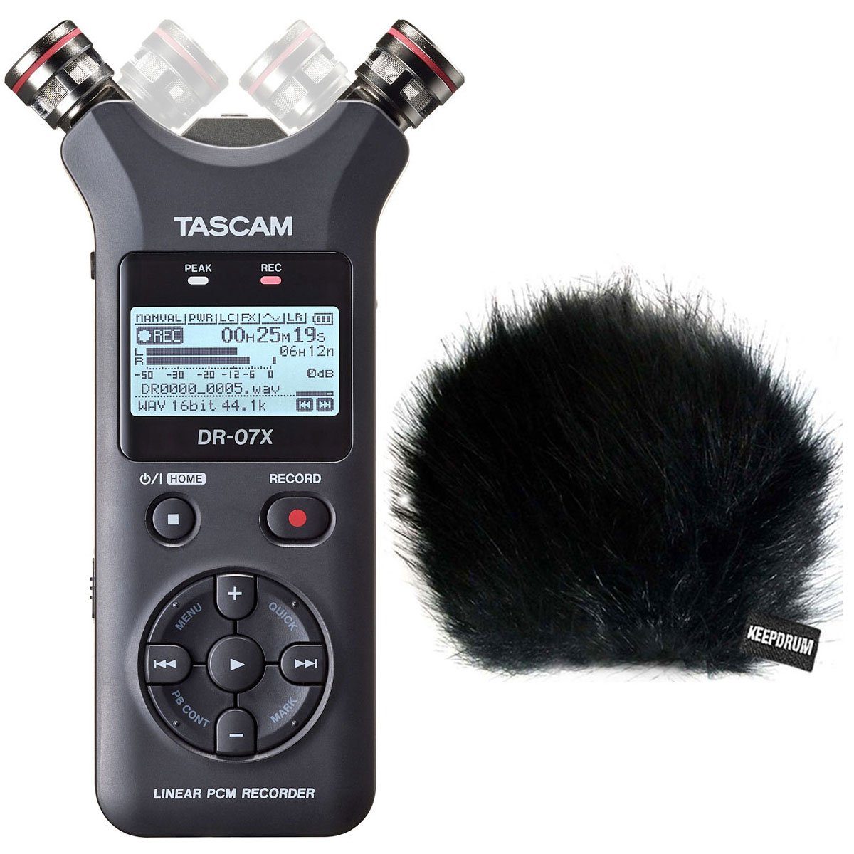 Tascam DR-07X Stereo Audio-Recorder Digitales Aufnahmegerät (mit Fell-Windschutz)