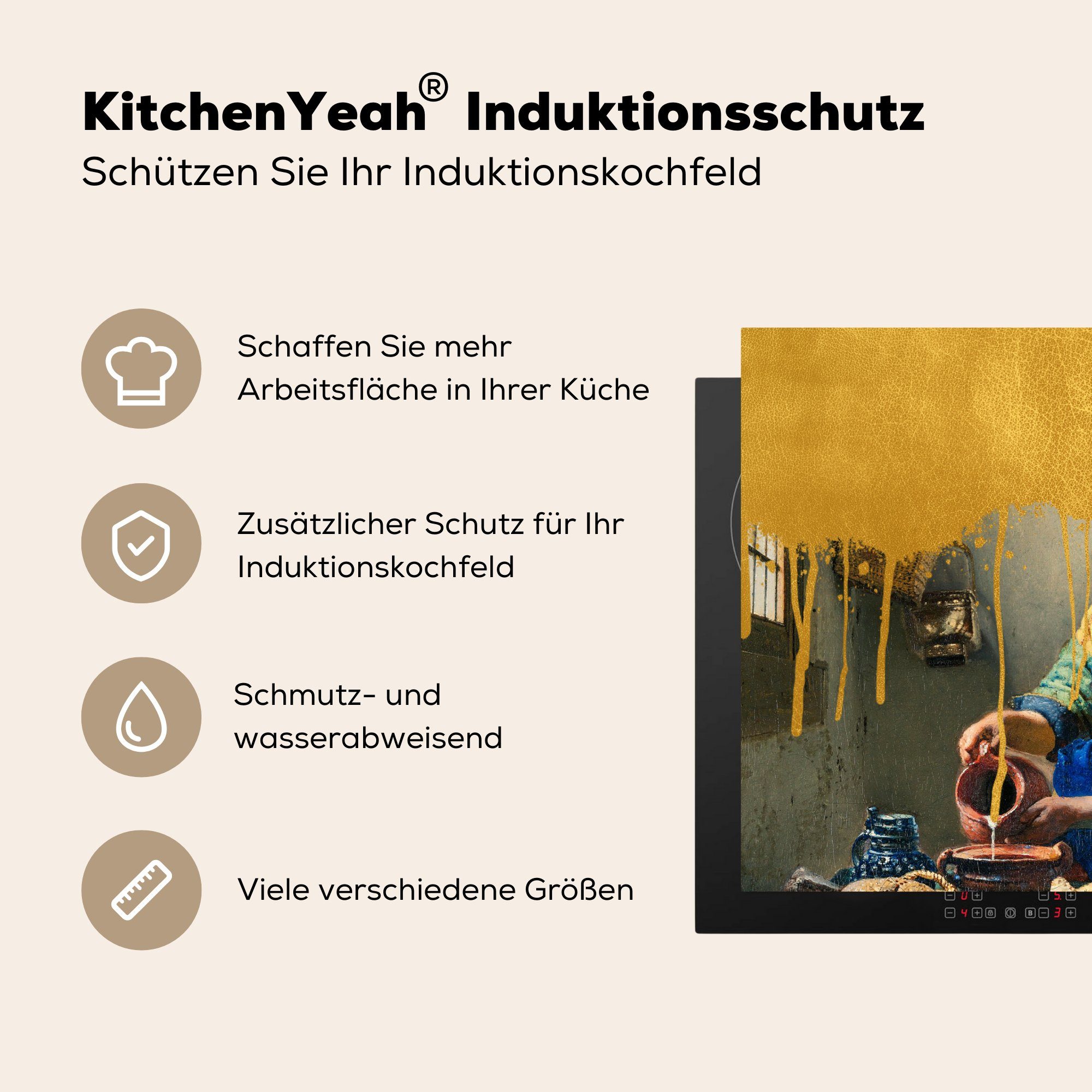 cm, (1 Induktionskochfeld 71x52 Vinyl, für Vermeer Ceranfeldabdeckung MuchoWow Schutz küche, Herdblende-/Abdeckplatte Gold - Milchmädchen, die tlg), -