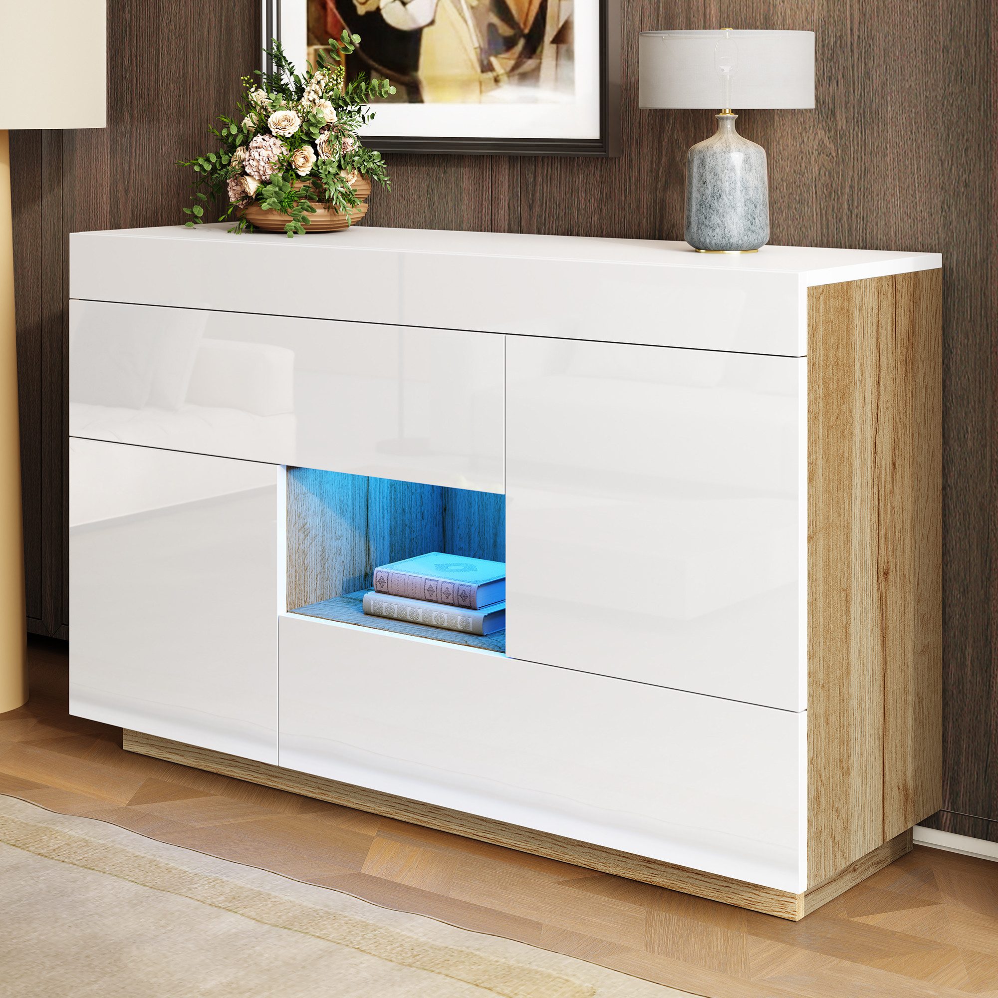 Odikalo Sideboard Kommode Beistelltisch Anrichte Schrank Schubladen Weiß+Natur