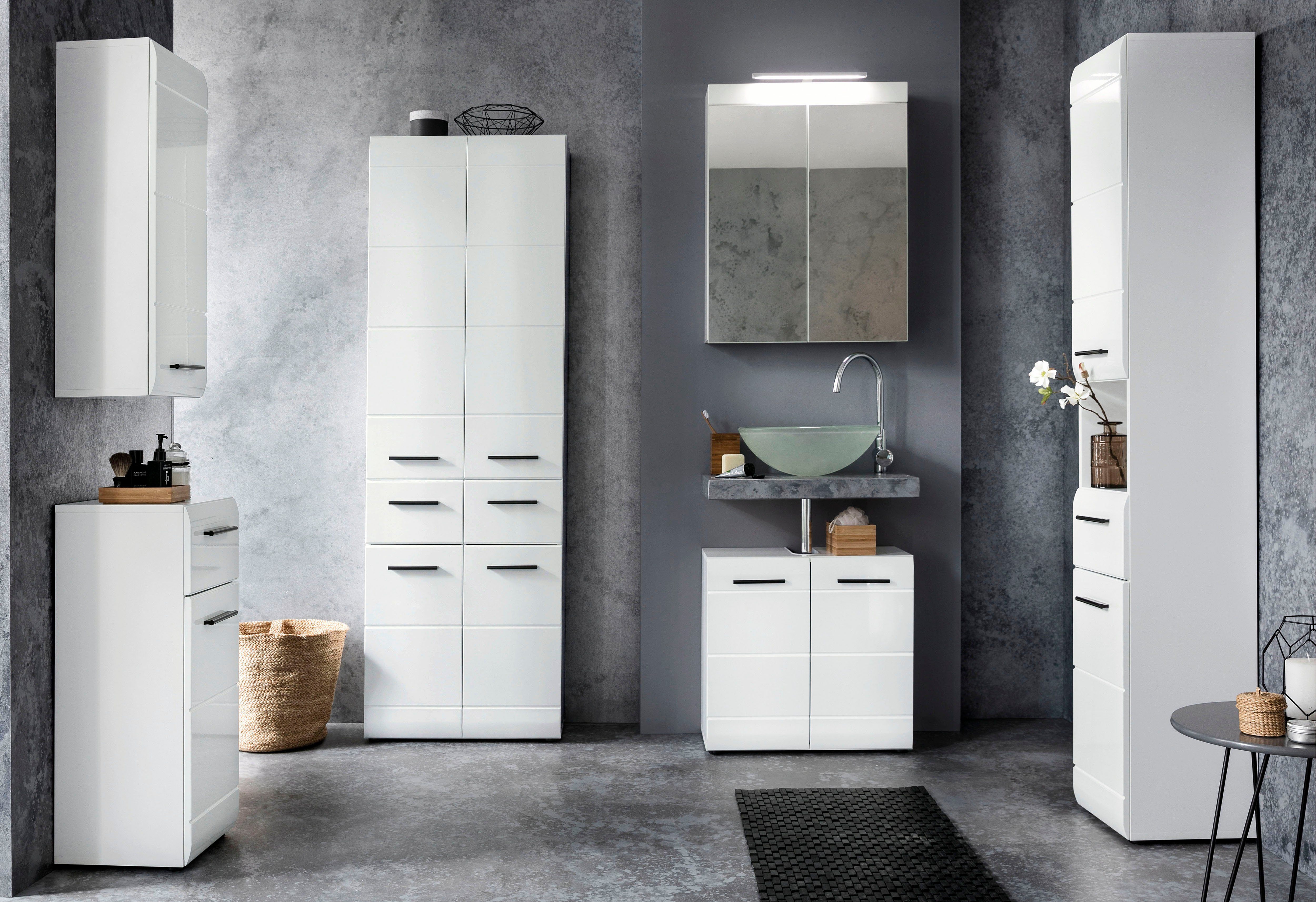 welltime Badmöbel-Set Sovana, (Set, 3-St), Badezimmermöbel - Spiegel mit Beleuchtung, Hochschrank und Waschtisch