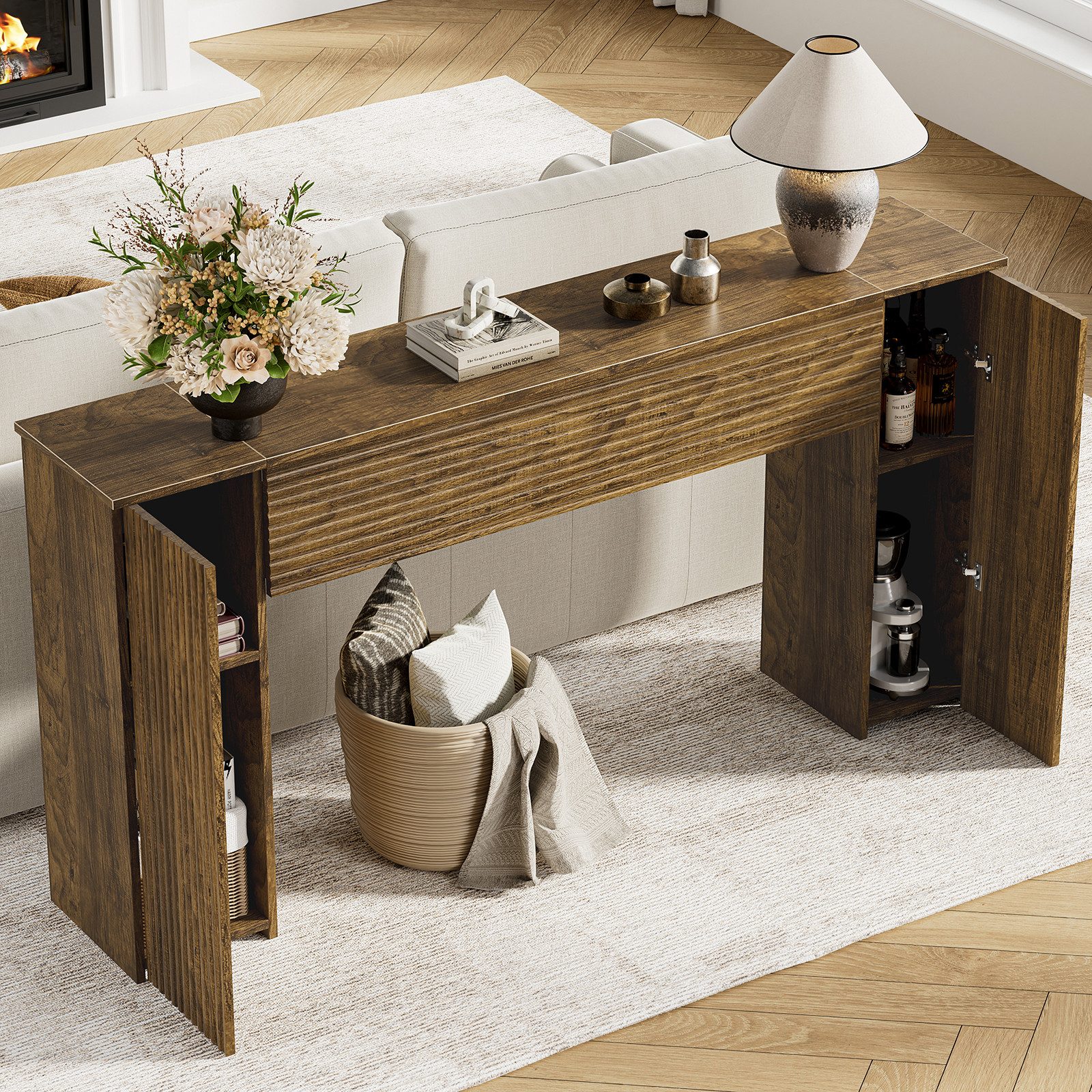 FABATO Beistelltisch 155 cm gewellte Konsole mit 2 versteckten Stauraumfächern (1-St), Einstiegs- & Flurtisch für Wohnzimmer, Diele oder Foyer – Bild 4 von 5