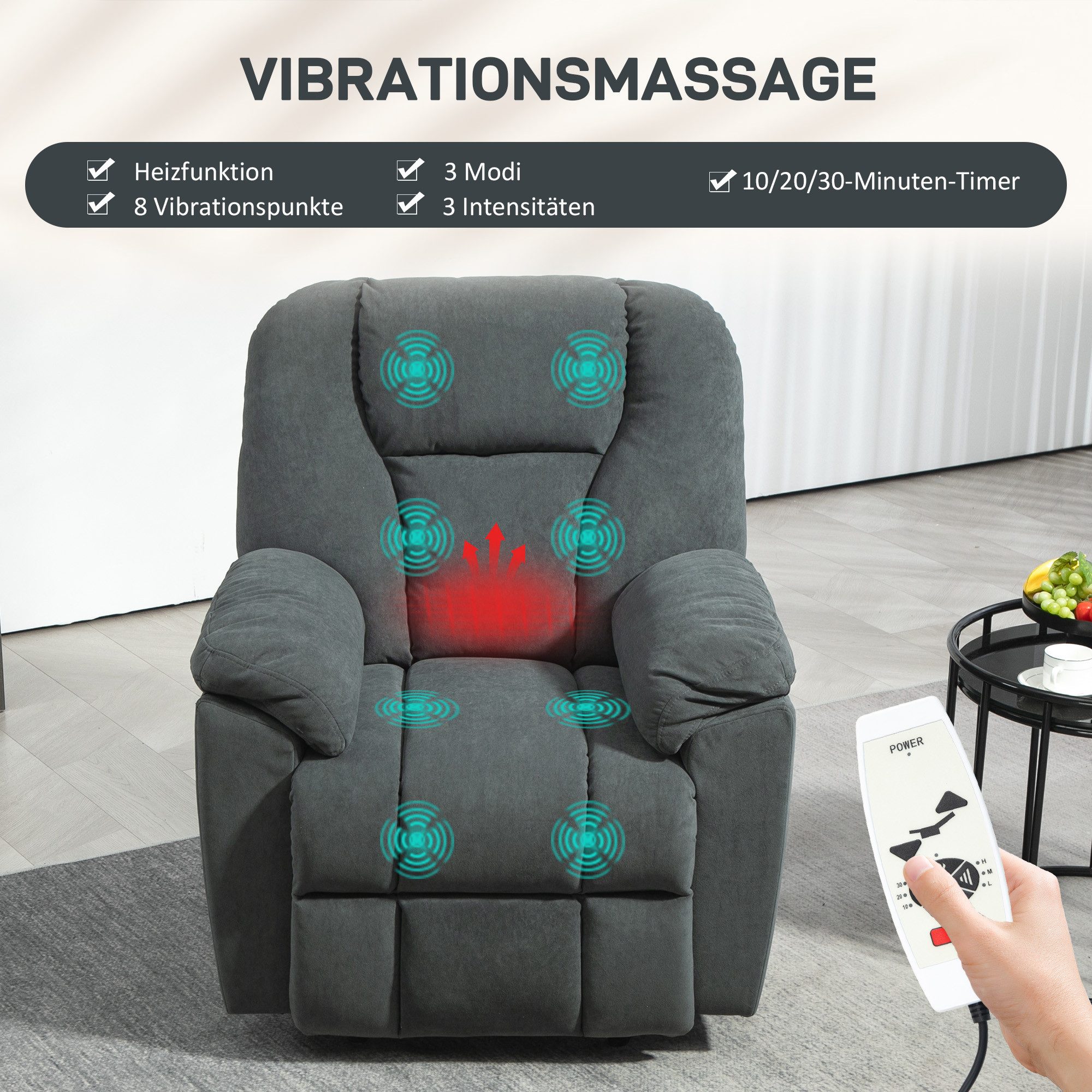 HOMCOM Relaxsessel Relaxsessel Fernsehsessel mit Liegefunktion Wärmefunktion (Liegesessel mit Seitentasche Fußteil, 1-St., Massagesessel), mit USB-Anschlüsse TV – Bild 4 von 5