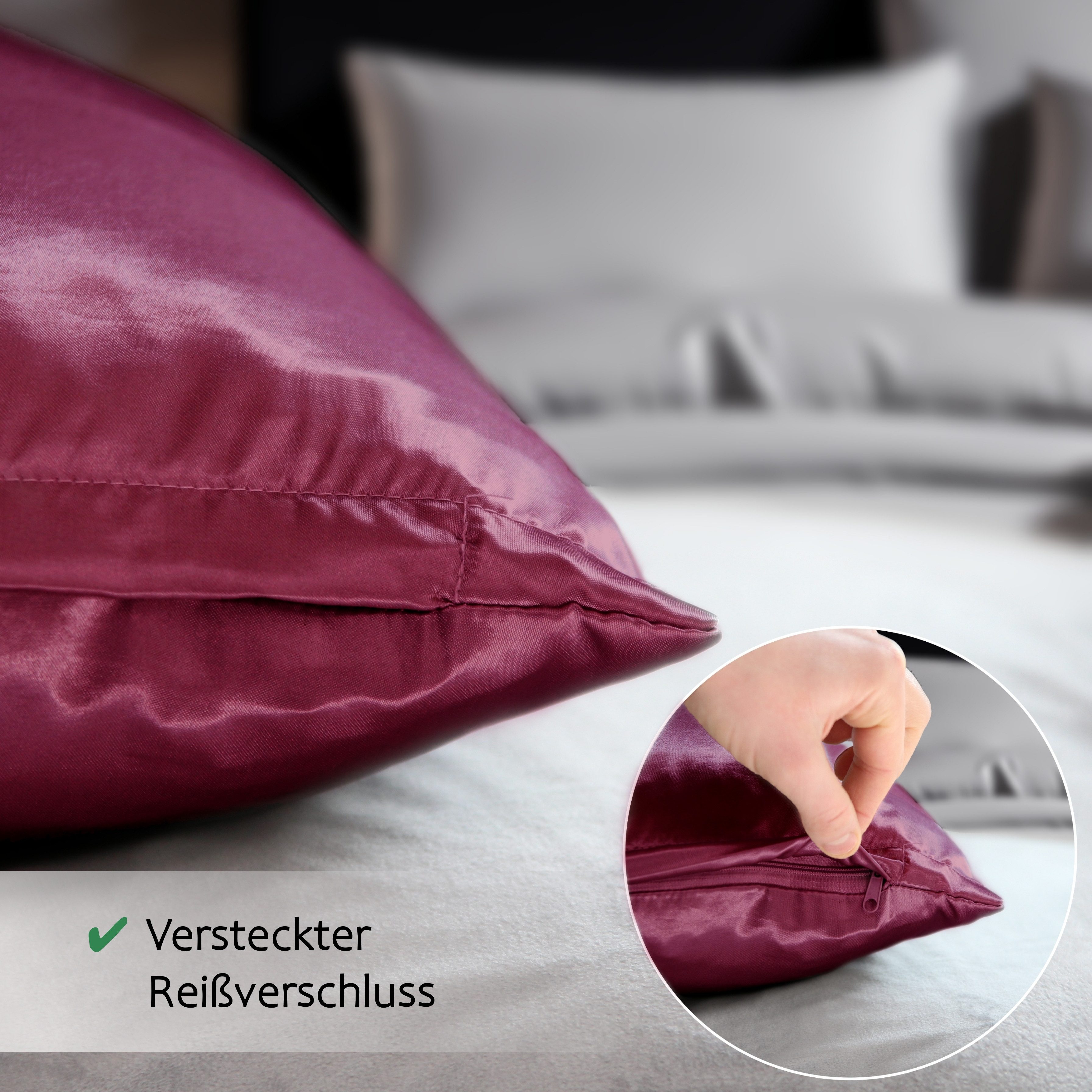 Cozyor Bettwäsche Satin glänzend 135x200, 155x200, 155x220, 200x200cm mit Reißverschluss, Satin, bordeaux Berry, 3 teilig, Edel und hochwertig