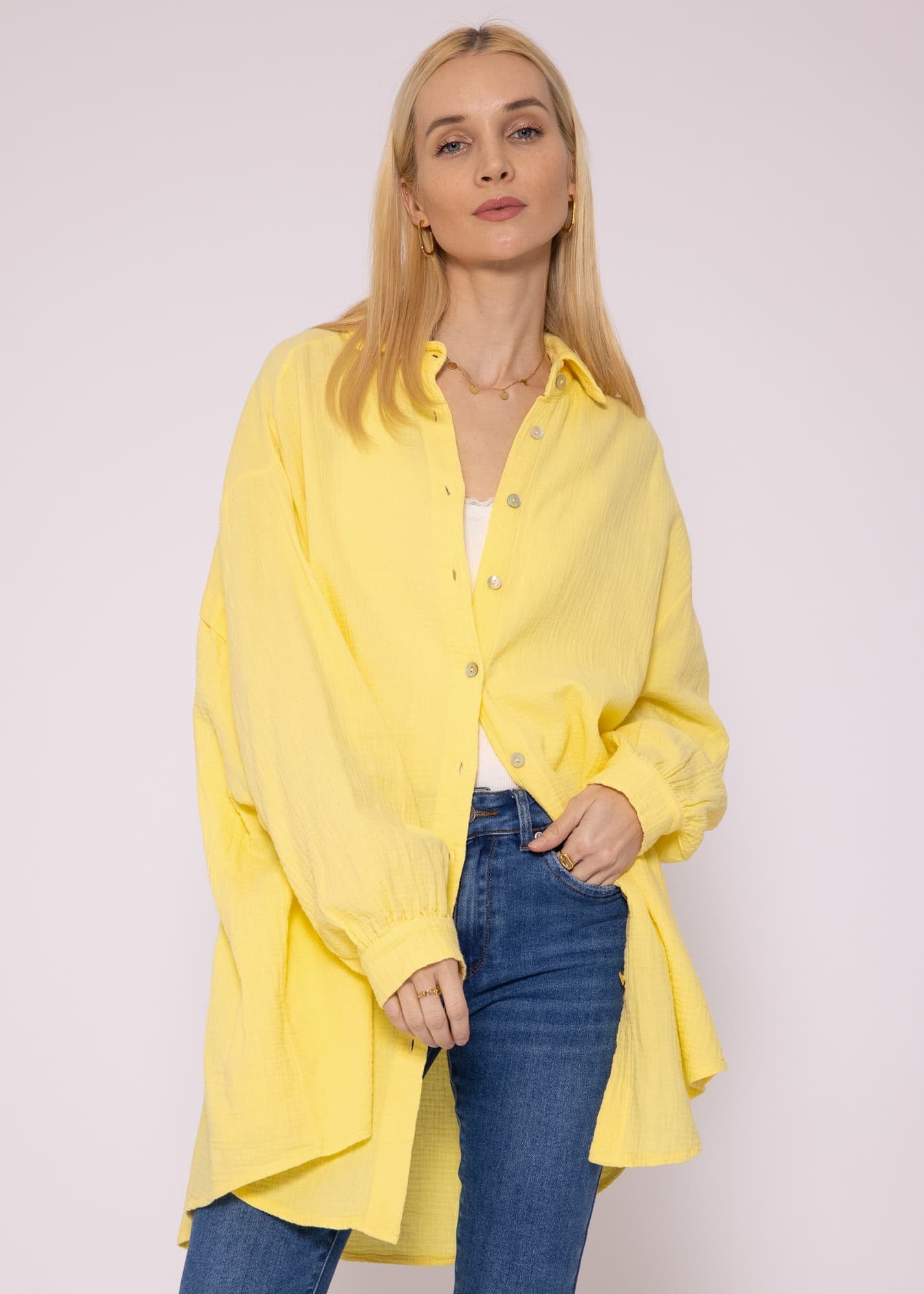 SASSYCLASSY Longbluse Oversize Musselin Bluse Damen Langarm Hemdbluse lang aus Baumwolle mit V-Ausschnitt, One Size (Gr. 36-48) Gelb