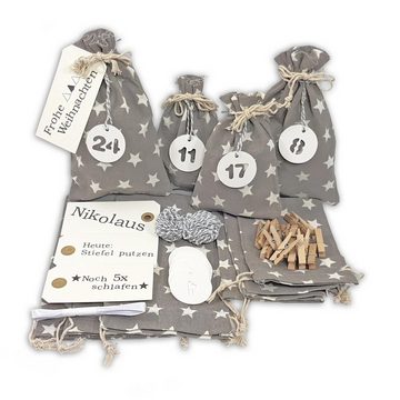 Frau WUNDERVoll Kalender zum Selbstbasteln Adventskalender Schneeflöckchen Baumwollbeutel grau, weiße Sterne