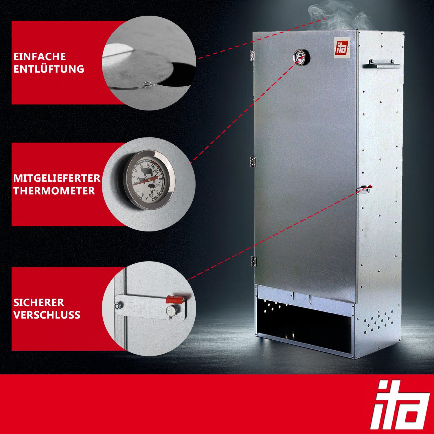 ITA Räucherofen Räucherofen 7003 - Premium XL Räucherschrank mit 3 Etagen 111 cm, 1-St., Legierter Stahl - Smoker - Qualität Made In EU Direkt vom Hersteller – Bild 4 von 5