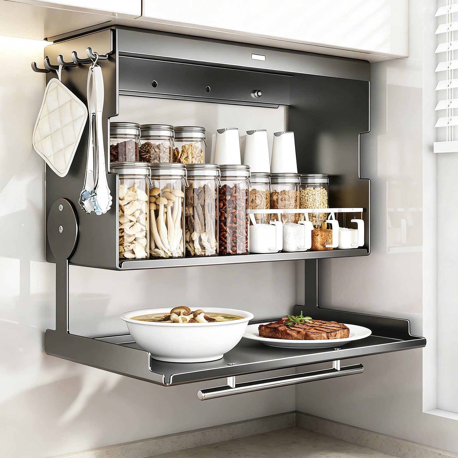 BlingBin Wandhängeschrank Wandschrank Organizer mit Klapptür, Metall-Hängeschrank - 40*19*29cm, 1er Set, Tragfähigkeit: 25 kg, Flip-Top-Design für Besteck, Geschirr & Utensilien 1-tlg., Küchen-Gewürzregal für Speisekammer, Essbereich & Küchen, Grau