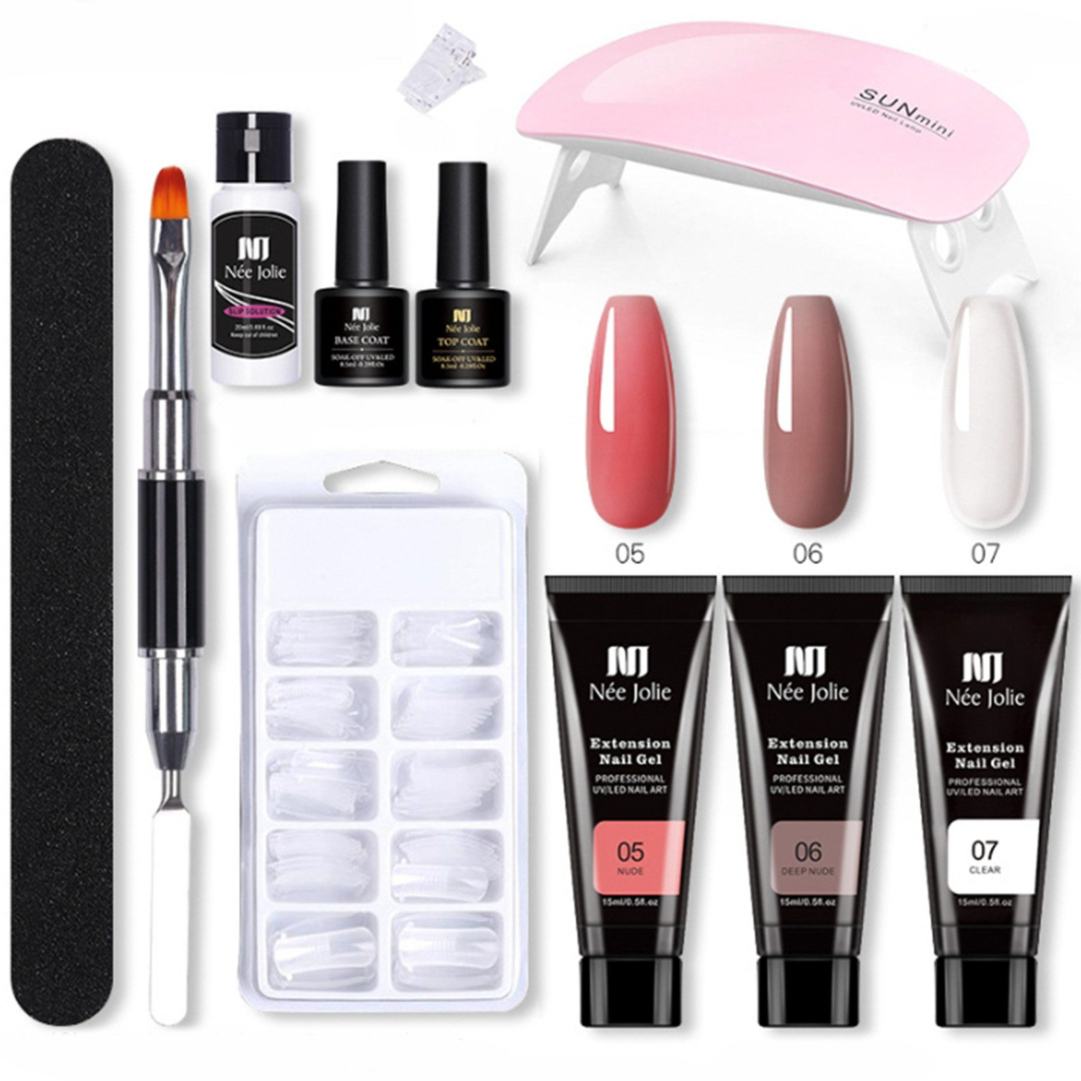 KINSI Nagellack-Set Professionelles Nagelverlängerung Set mit Builder Gel & 3 Farben, 11-teiliges Komplettset inkl. UV/LED Lampe für langlebige Gelnägel