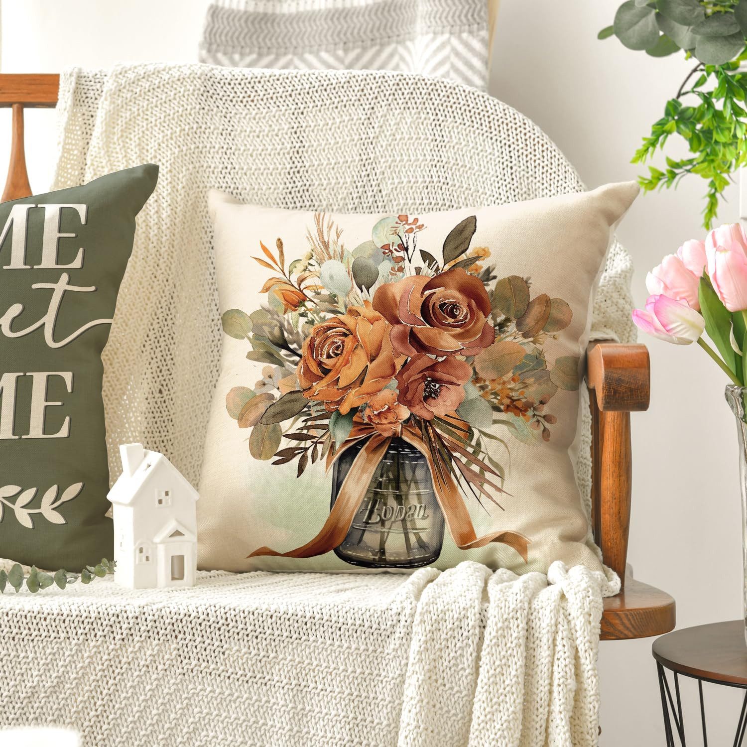 Sorvyzxn Kissenbezüge Kissenbezüge Herbst, Dekokissenhüllen mit Eukalyptus-Blumenmotiv und, (4 Stück), 45 × 45 cm, Kissenhüllen für Sofa, Sessel und Wohnbereich – Bild 5 von 5