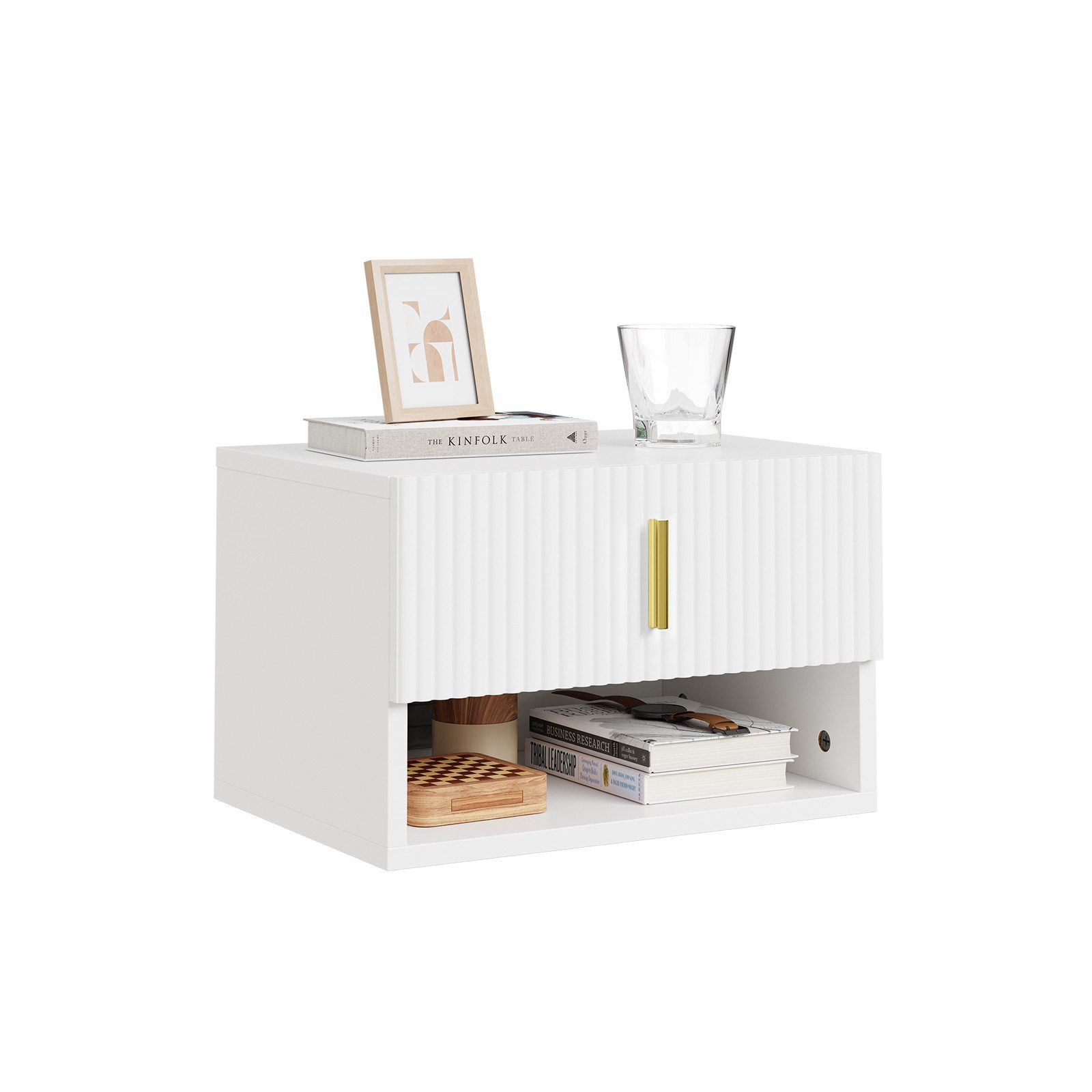 SoBuy Nachttisch FBT176/177, Schwebender Nachttisch mit LED-Sensorleuchte, Wandregal, Nachttisch mit Schublade und Goldgriff, Wandschrank