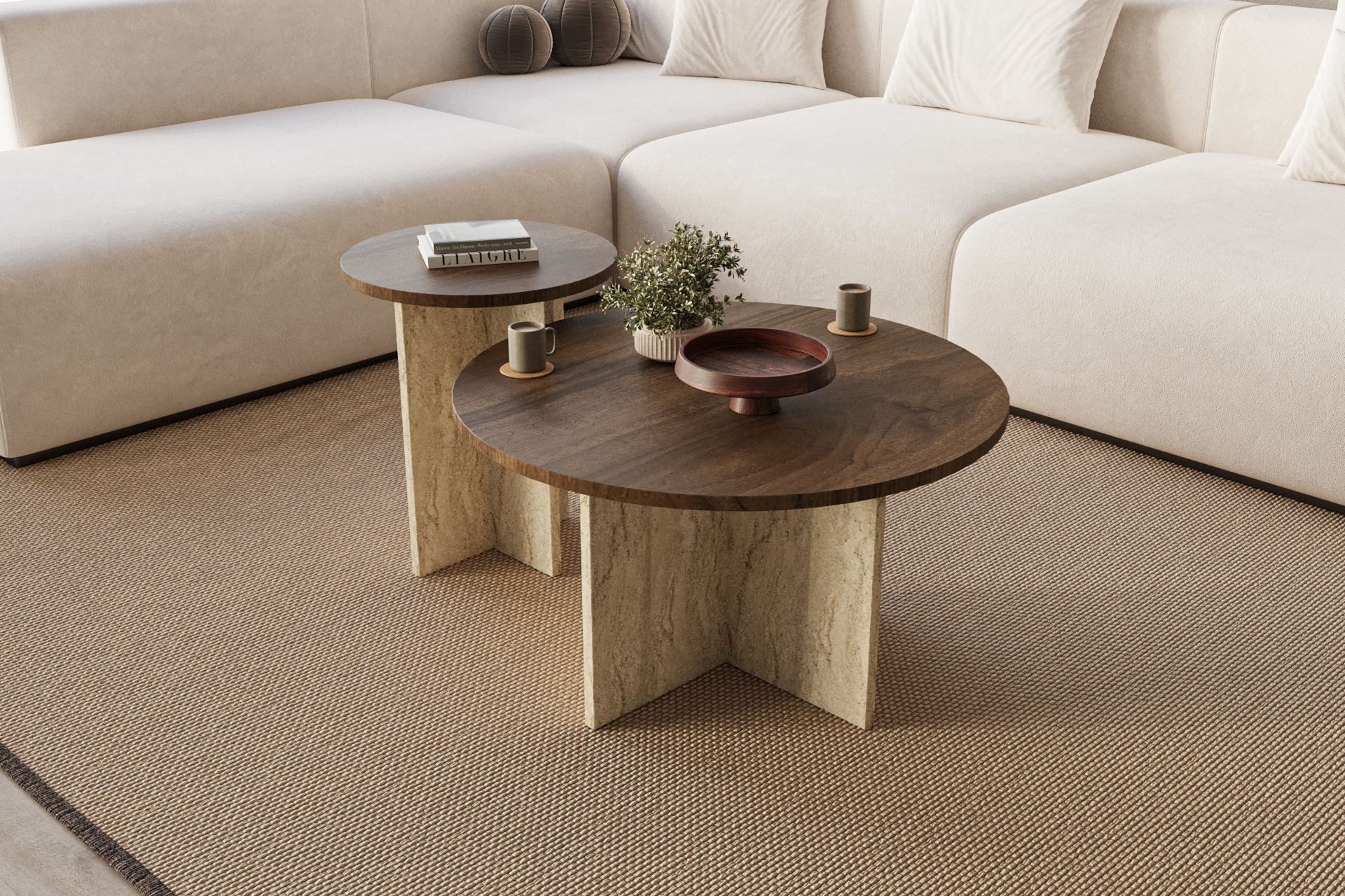 Skye Decor Couchtisch Siam Private (Set, 2-St., 2er Set mit zwei unterschiedlich großen), Travertin -Walnuss, Boho