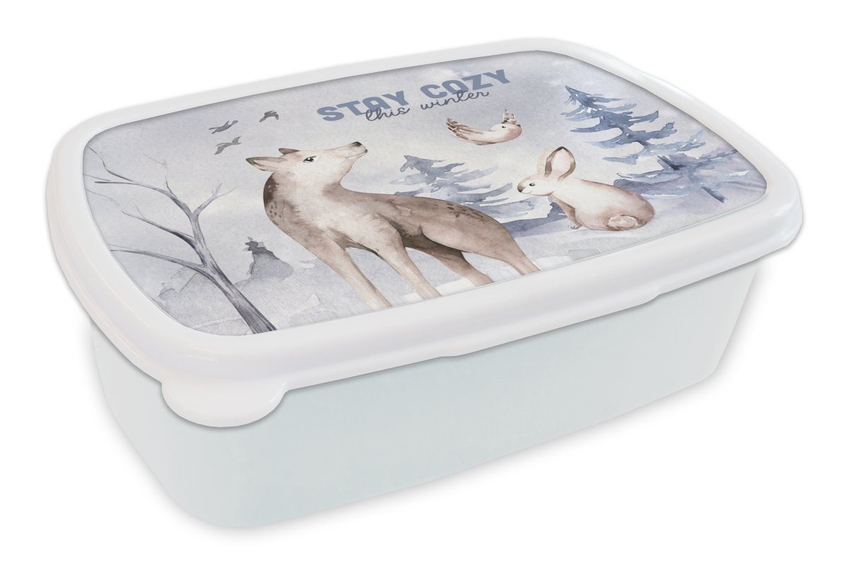 MuchoWow Lunchbox Winter - Wolf - Vogel - Kaninchen, Kunststoff, (2-tlg), Brotbox für Kinder und Erwachsene, Brotdose, für Jungs und Mädchen weiß